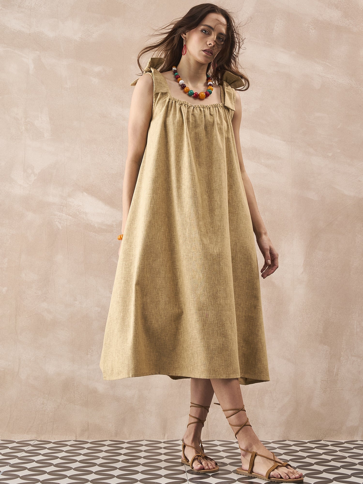 InWeave Dull Khaki Linen Pleat Bow Dress - Distacart