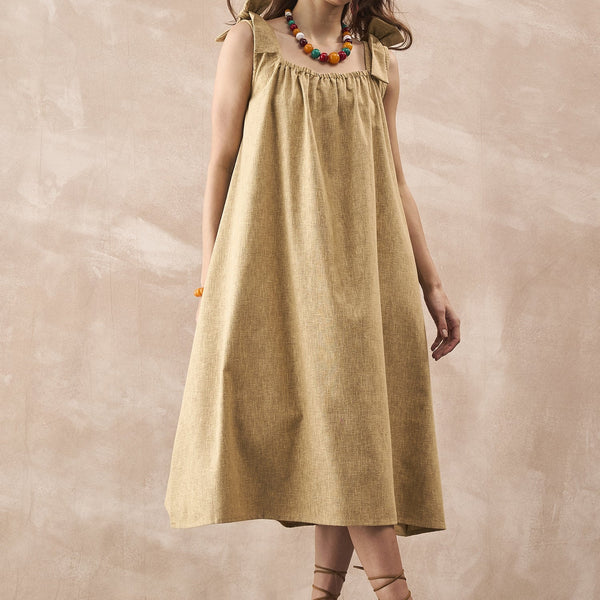 InWeave Dull Khaki Linen Pleat Bow Dress - Distacart