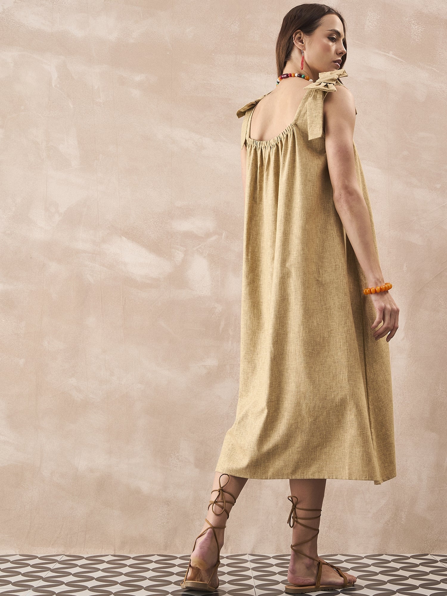 InWeave Dull Khaki Linen Pleat Bow Dress