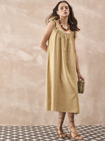 Thumbnail for InWeave Dull Khaki Linen Pleat Bow Dress