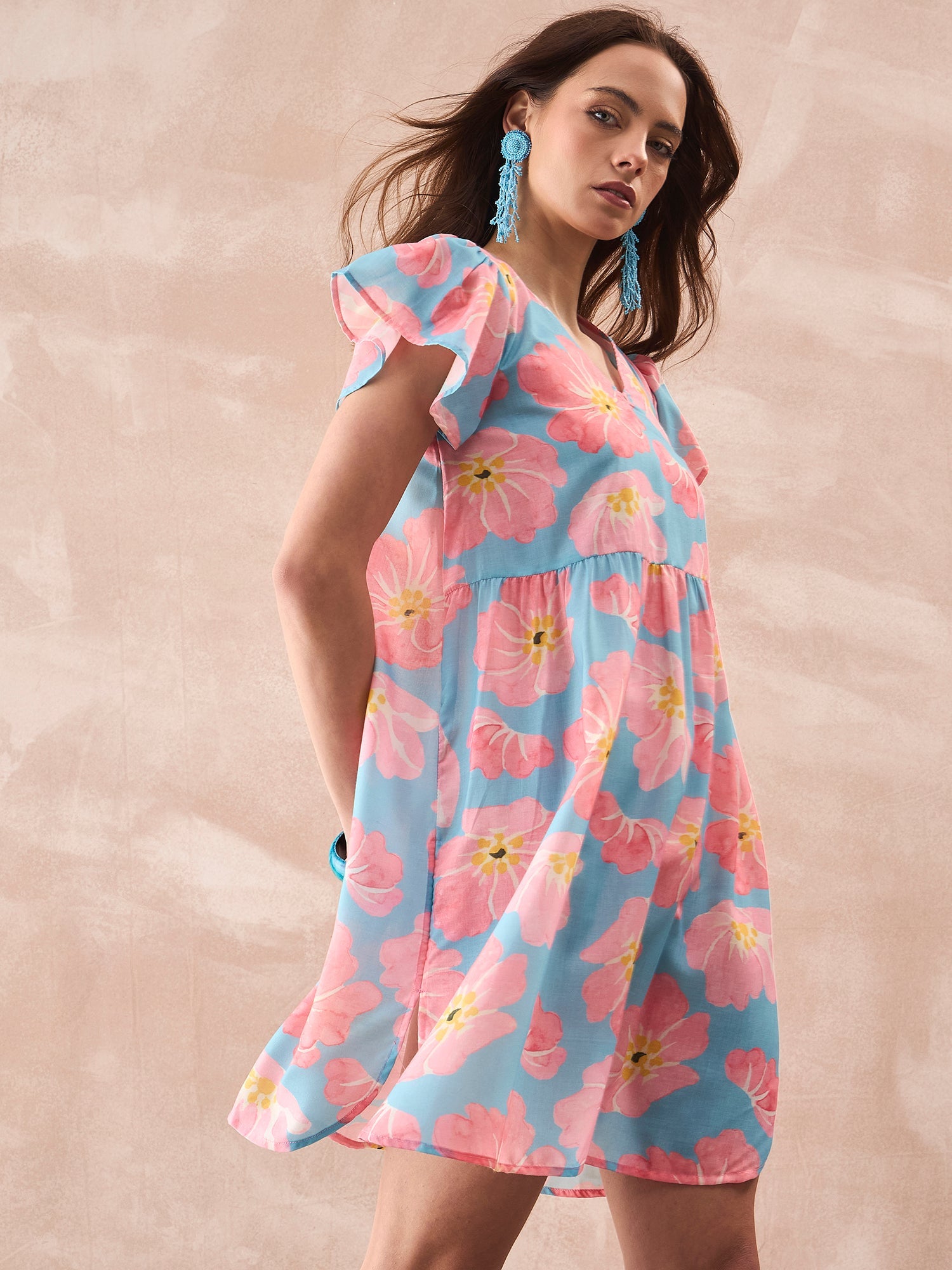 InWeave Skyblue Peach Short Dress - Distacart