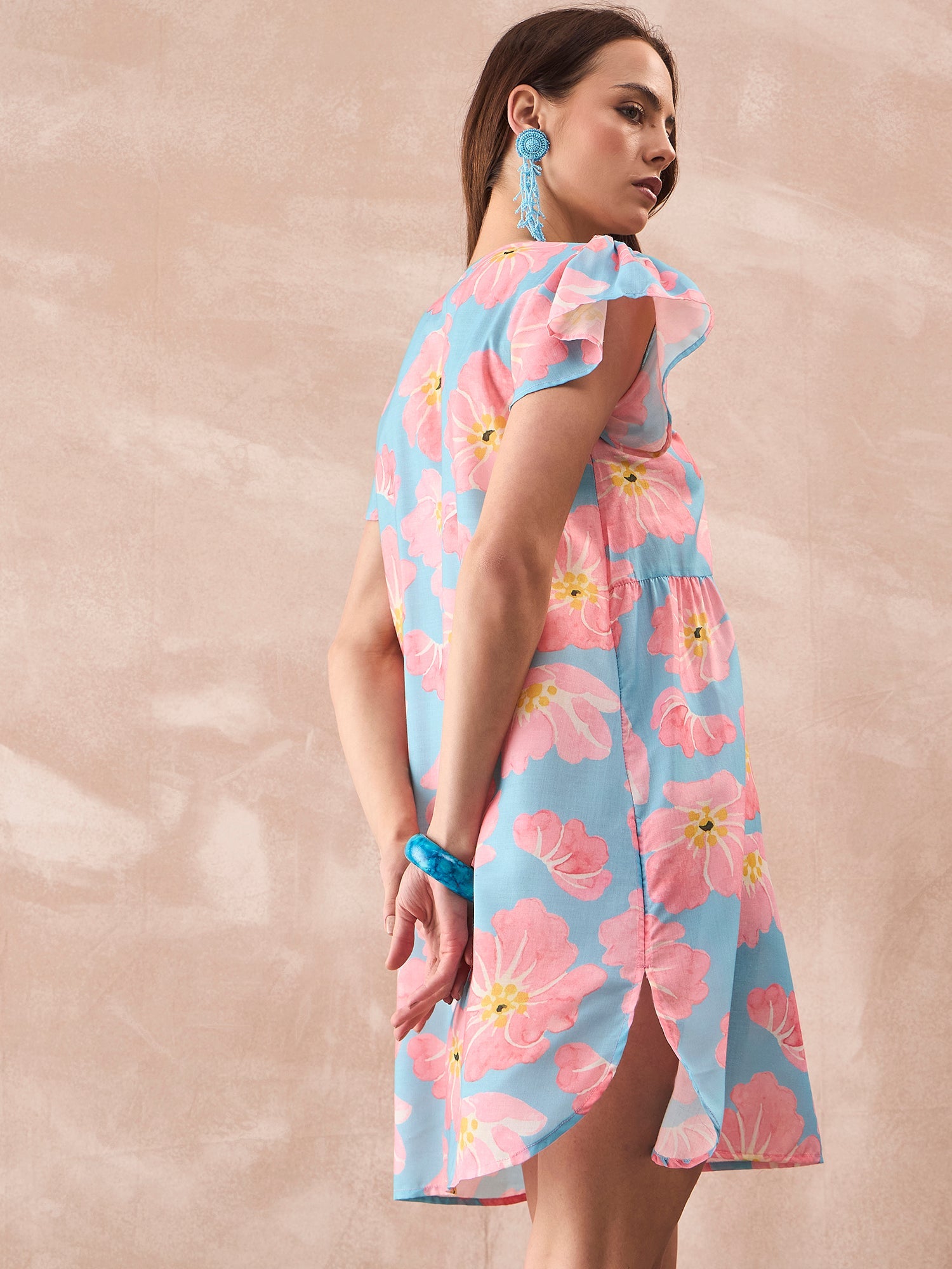 InWeave Skyblue Peach Short Dress - Distacart