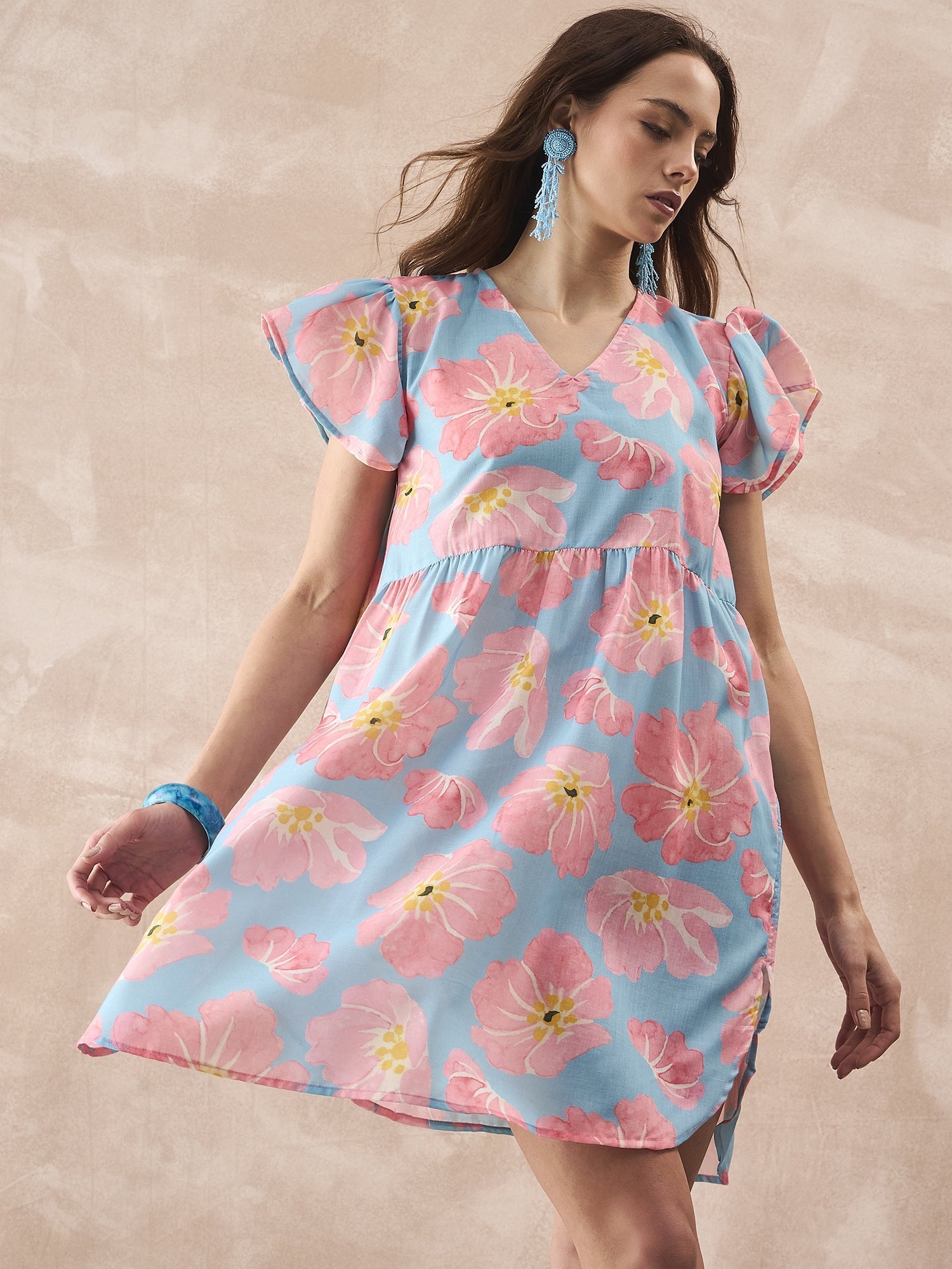 InWeave Skyblue Peach Short Dress - Distacart