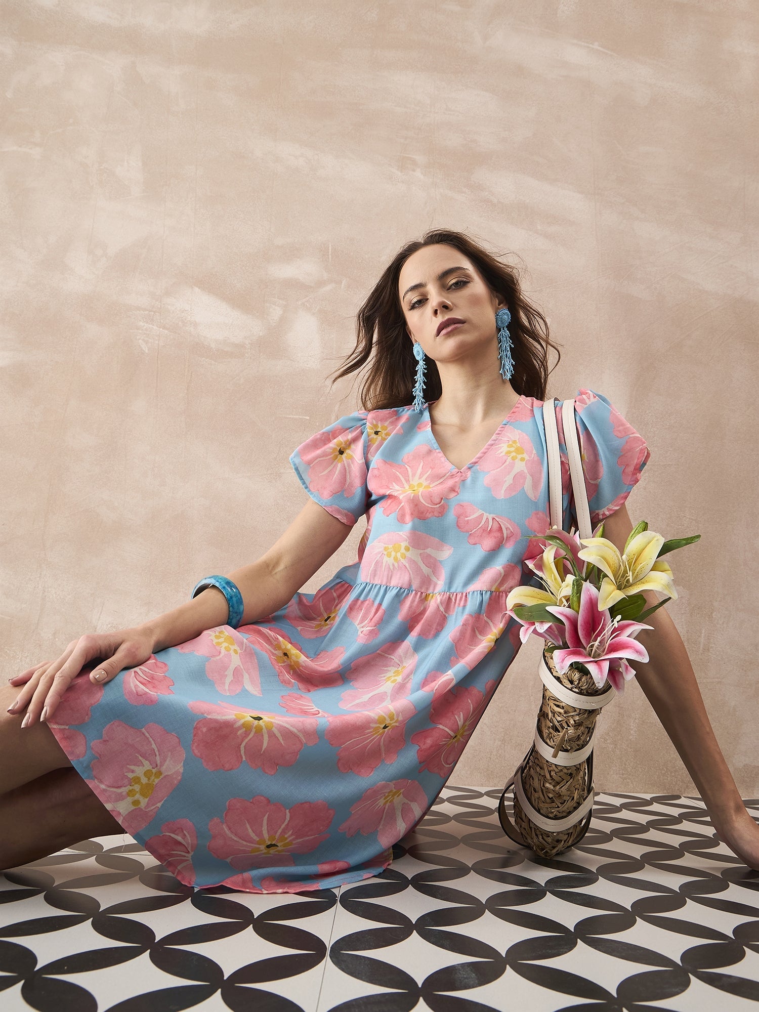 InWeave Skyblue Peach Short Dress - Distacart