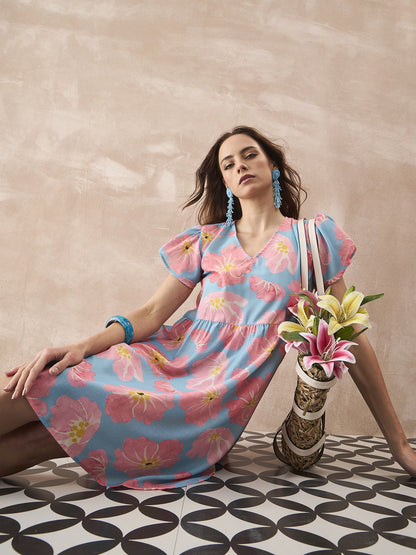 InWeave Skyblue Peach Short Dress - Distacart