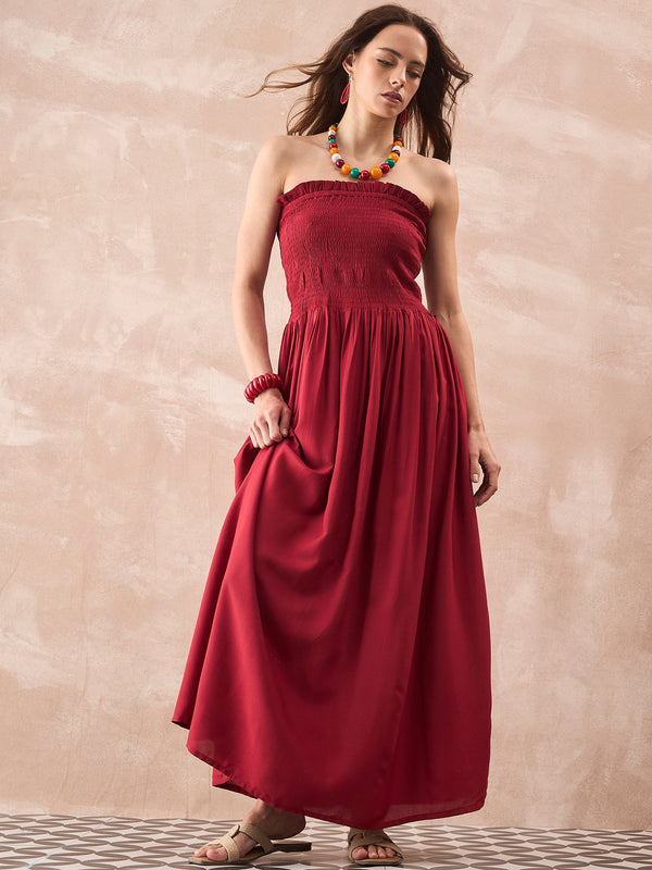 InWeave Maroon Solid Off Shoulder Dress