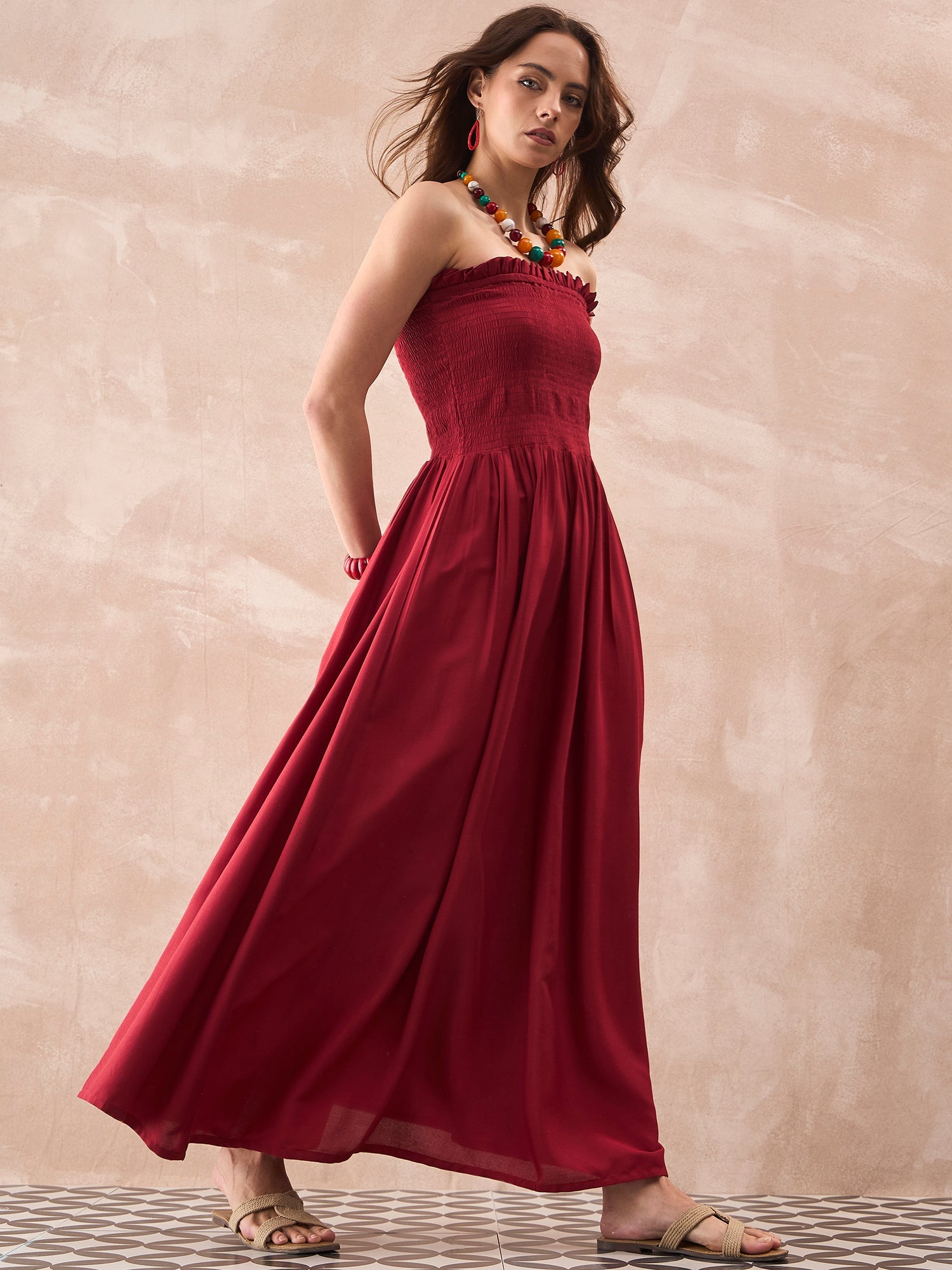 InWeave Maroon Solid Off Shoulder Dress - Distacart