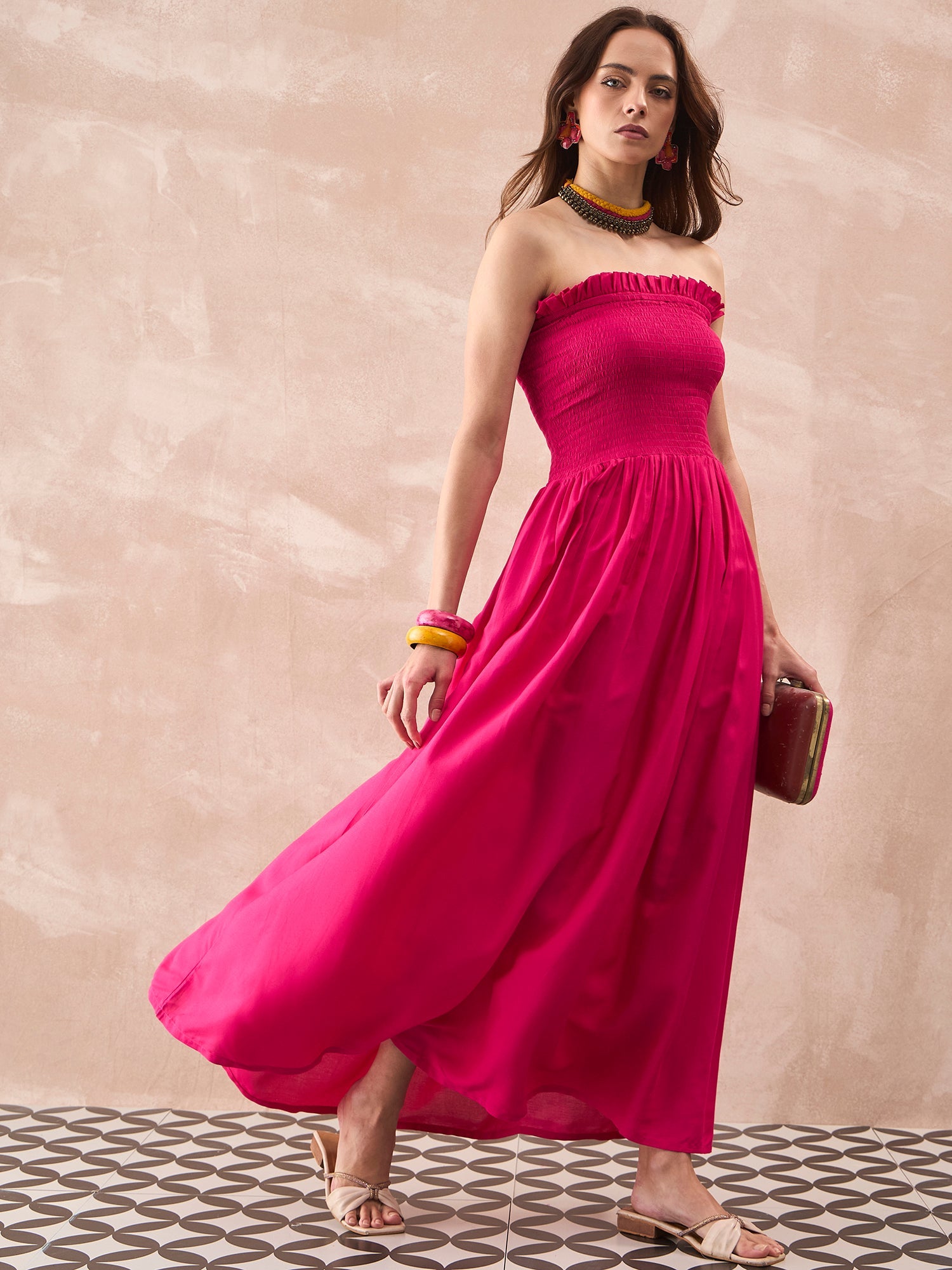 InWeave Fuchsia Solid Off Shoulder Dress - Distacart