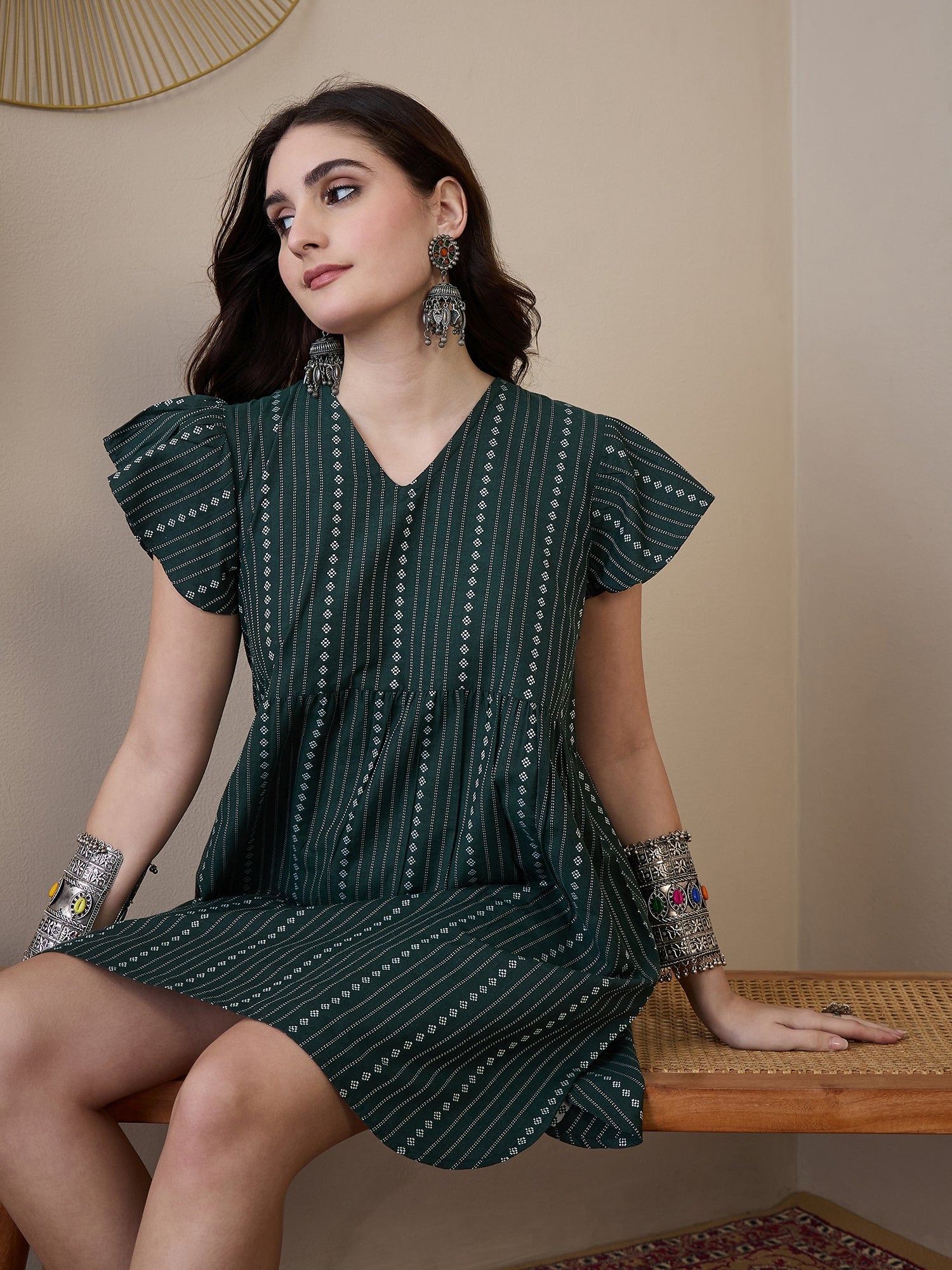 InWeave Green Stripe Kantha V Neck Short Dress - Distacart