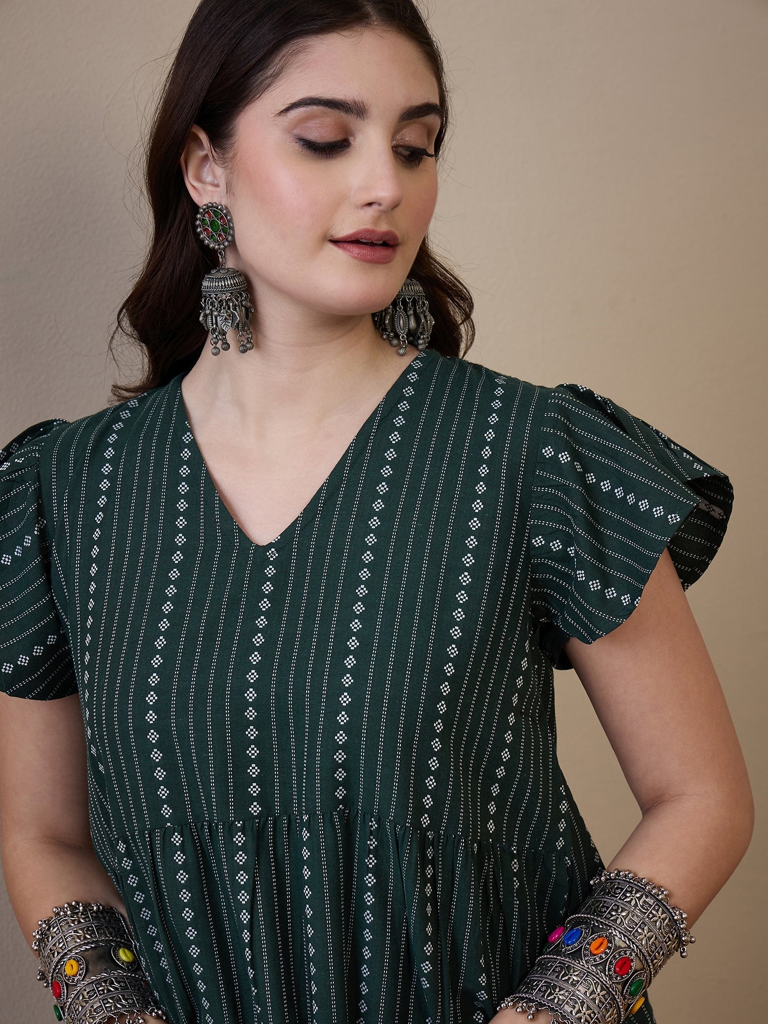 InWeave Green Stripe Kantha V Neck Short Dress - Distacart