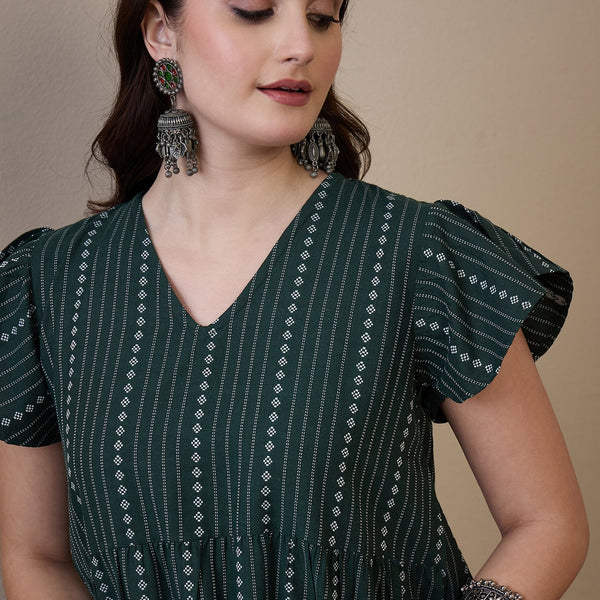 InWeave Green Stripe Kantha V Neck Short Dress - Distacart