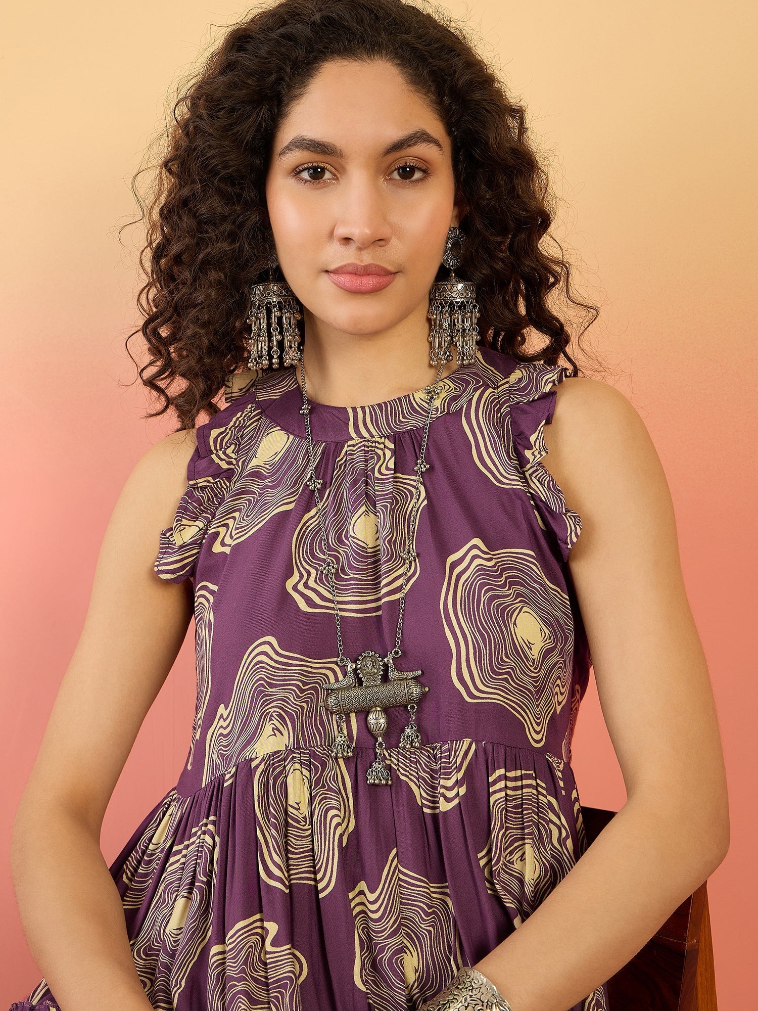 InWeave Matte Purple Beige Swril Short Dress - Distacart