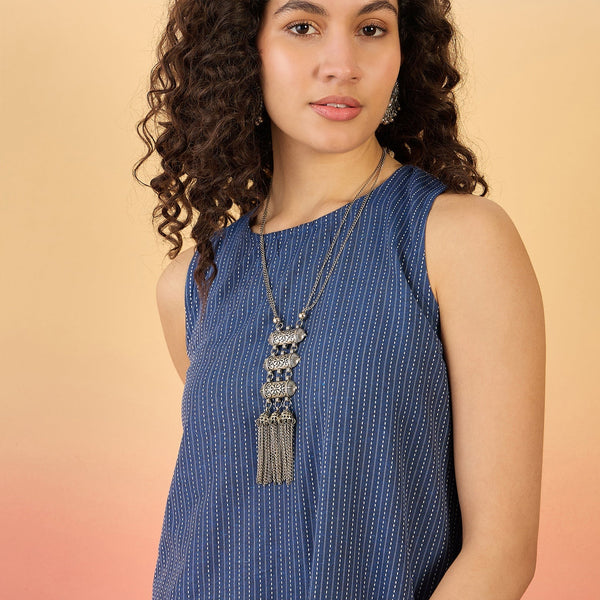 InWeave Blue Kantha R Neck W/S Dress - Distacart