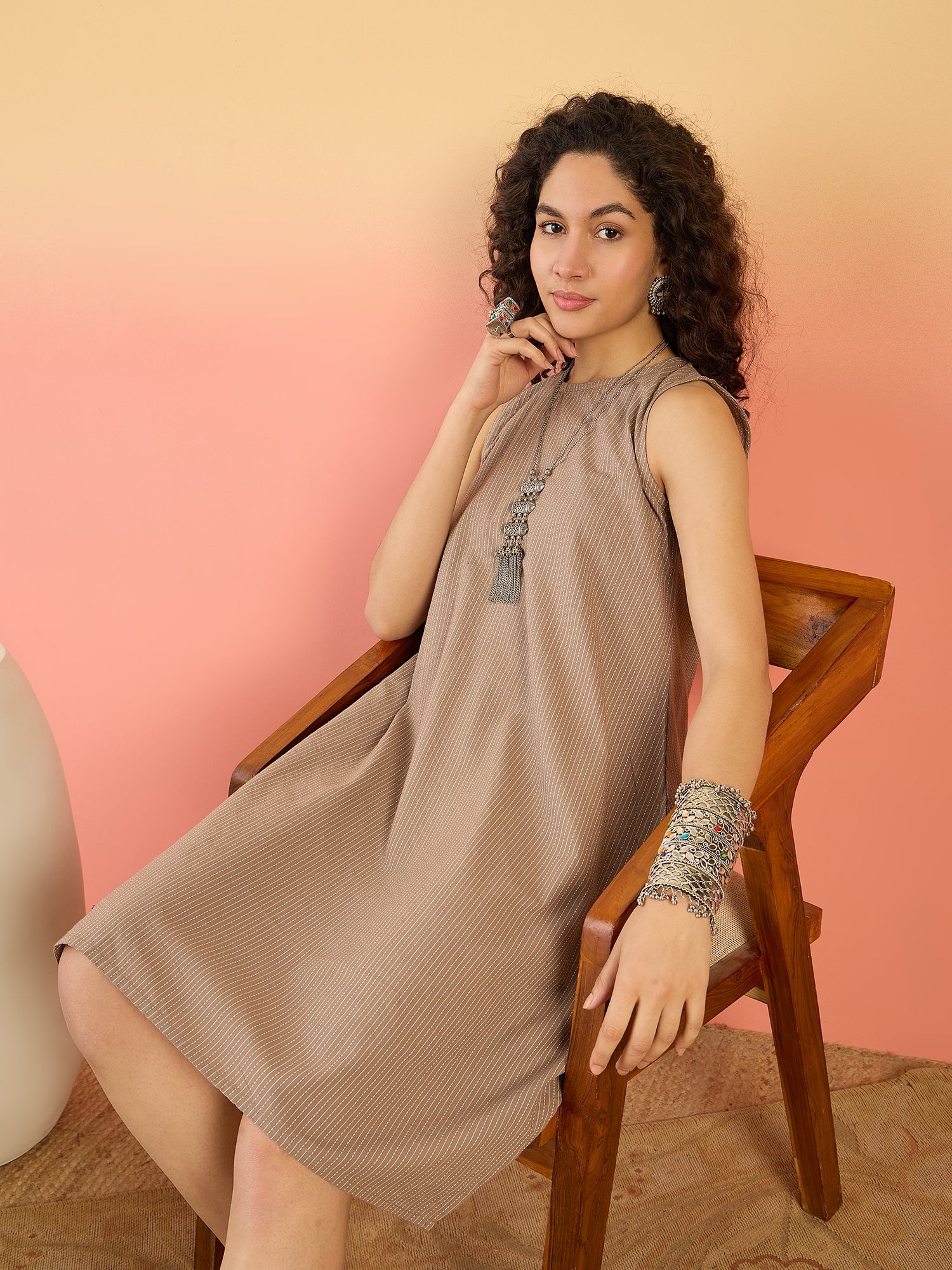 InWeave Light Brown Kantha R Neck W/S Dress - Distacart