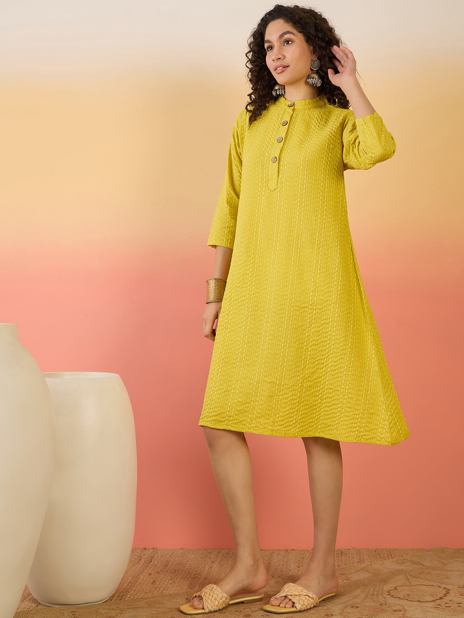 InWeave Yellow Kantha Mandarin Button Dress - Distacart