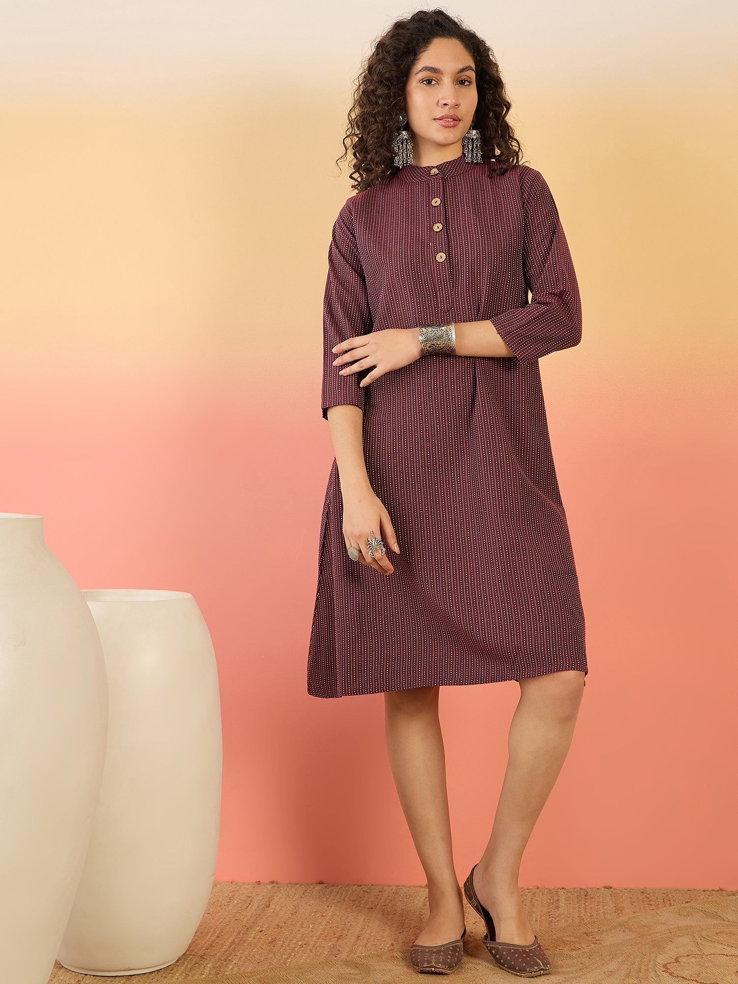 InWeave Wine Kantha Mandarin Button Dress - Distacart