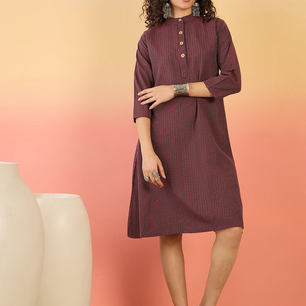 InWeave Wine Kantha Mandarin Button Dress - Distacart
