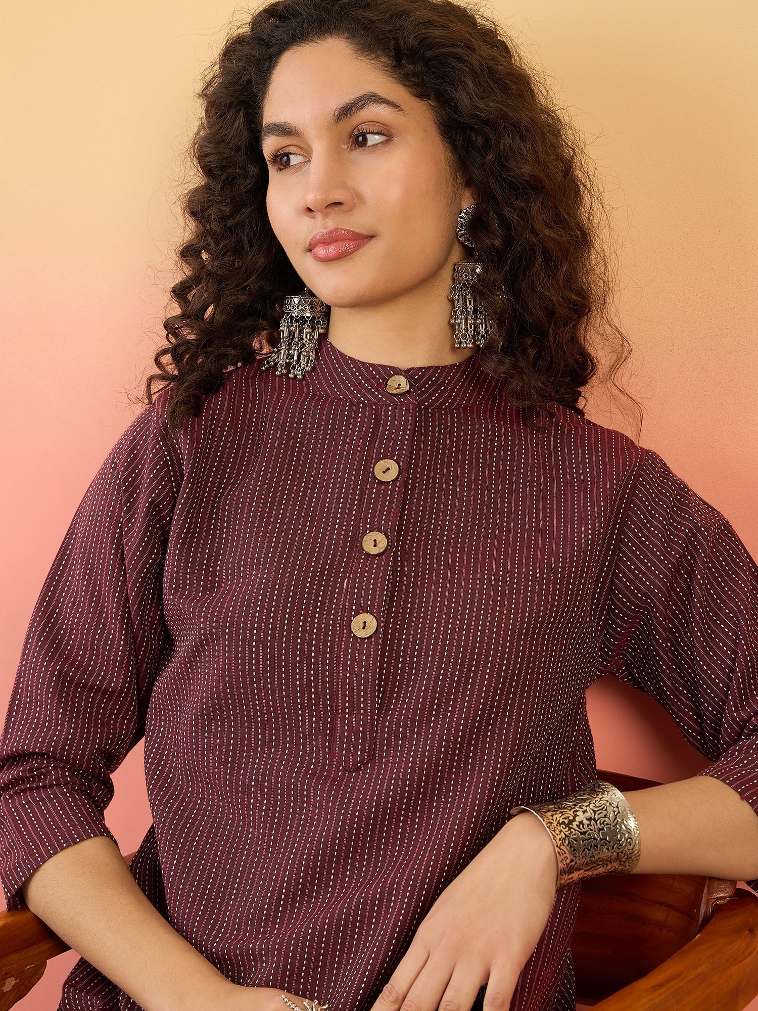 InWeave Wine Kantha Mandarin Button Dress - Distacart