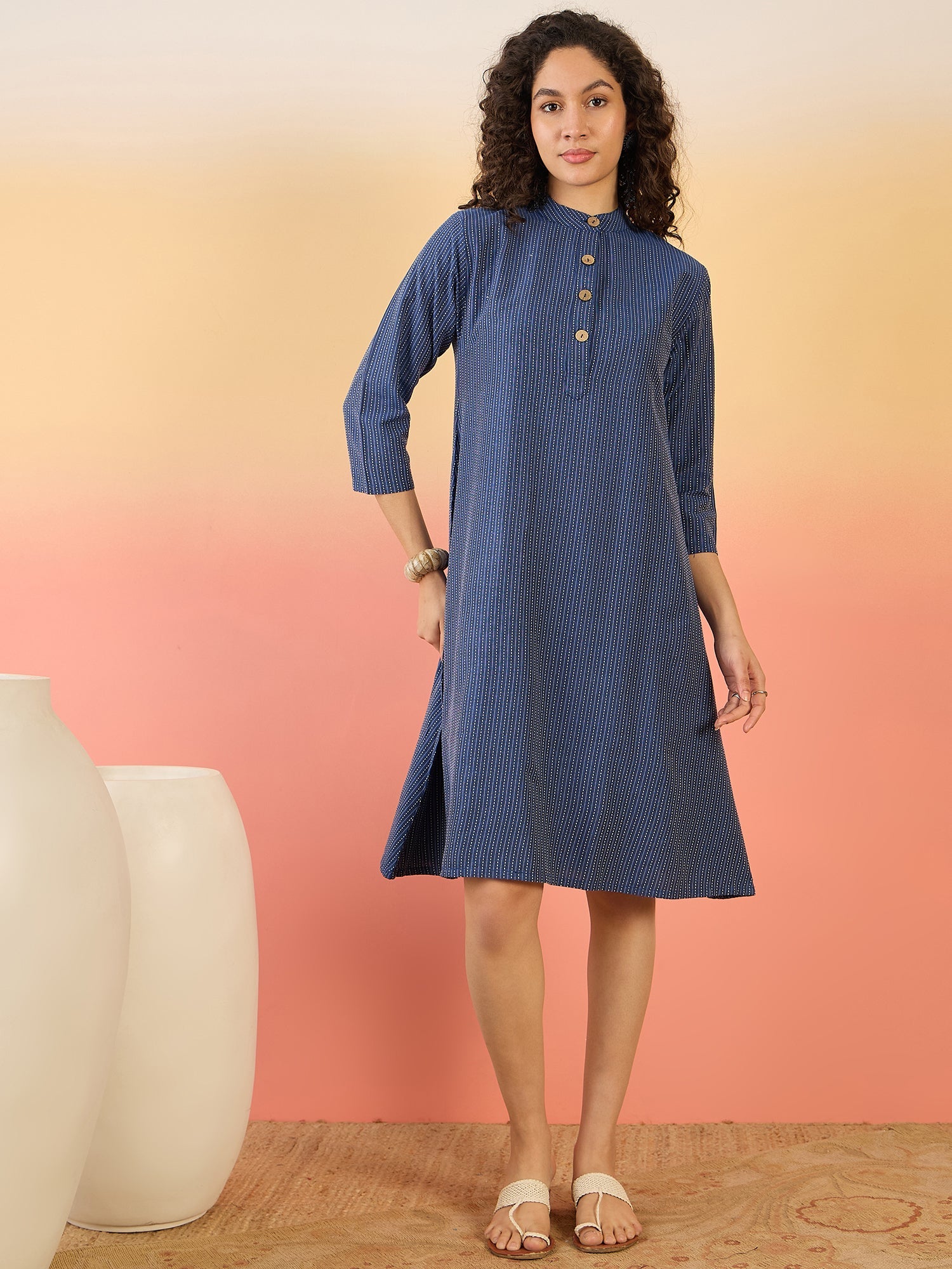InWeave Blue Kantha Mandarin Button Dress - Distacart