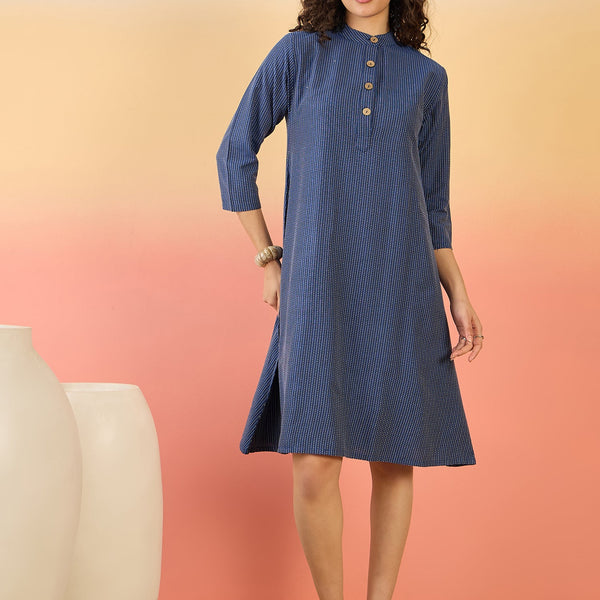 InWeave Blue Kantha Mandarin Button Dress - Distacart