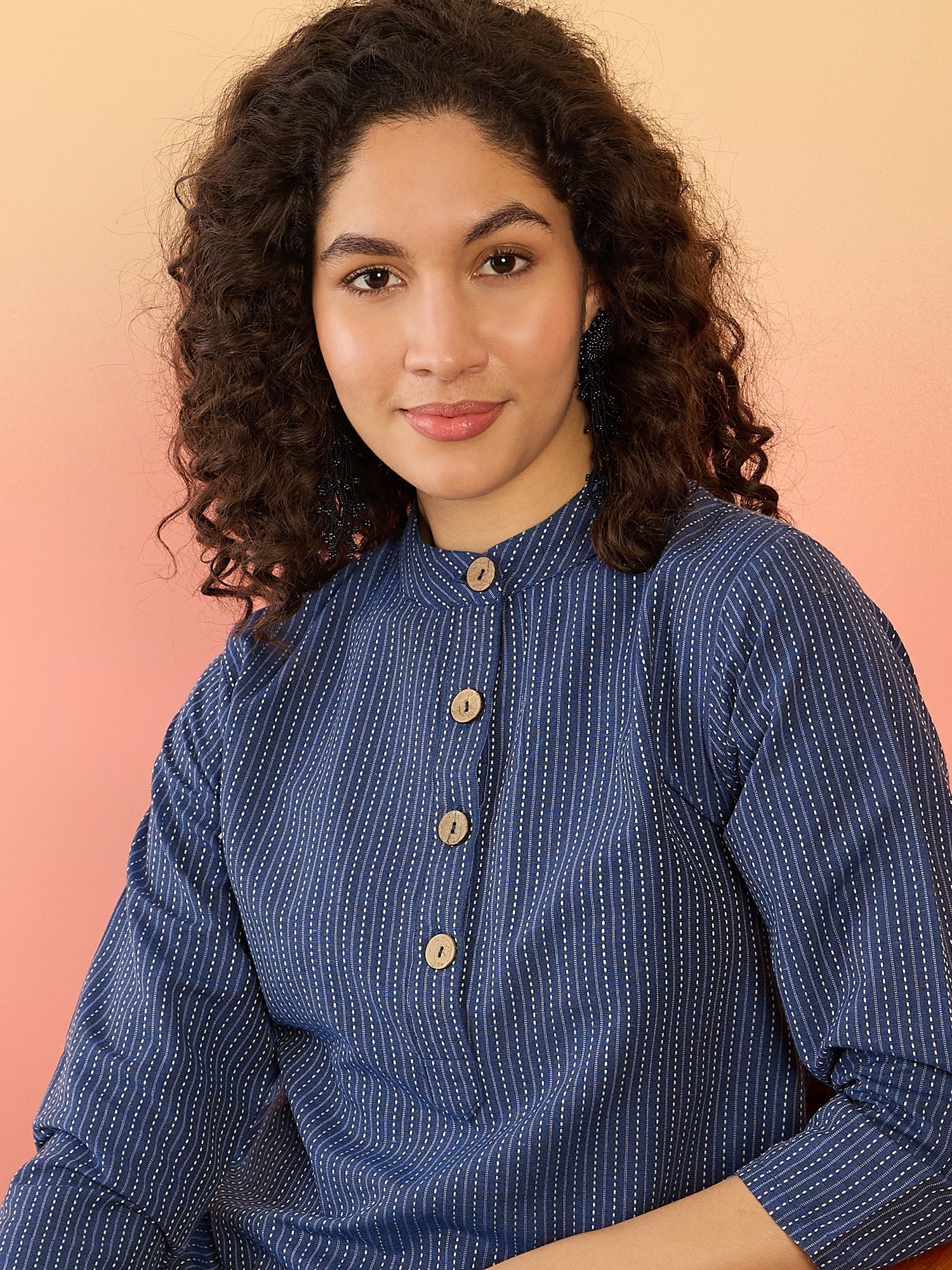 InWeave Blue Kantha Mandarin Button Dress - Distacart