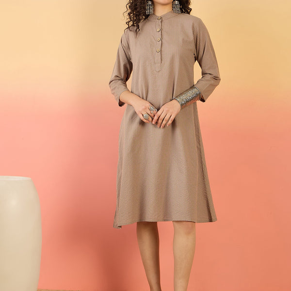InWeave Light Brown Kantha Mandarin Button Dress - Distacart