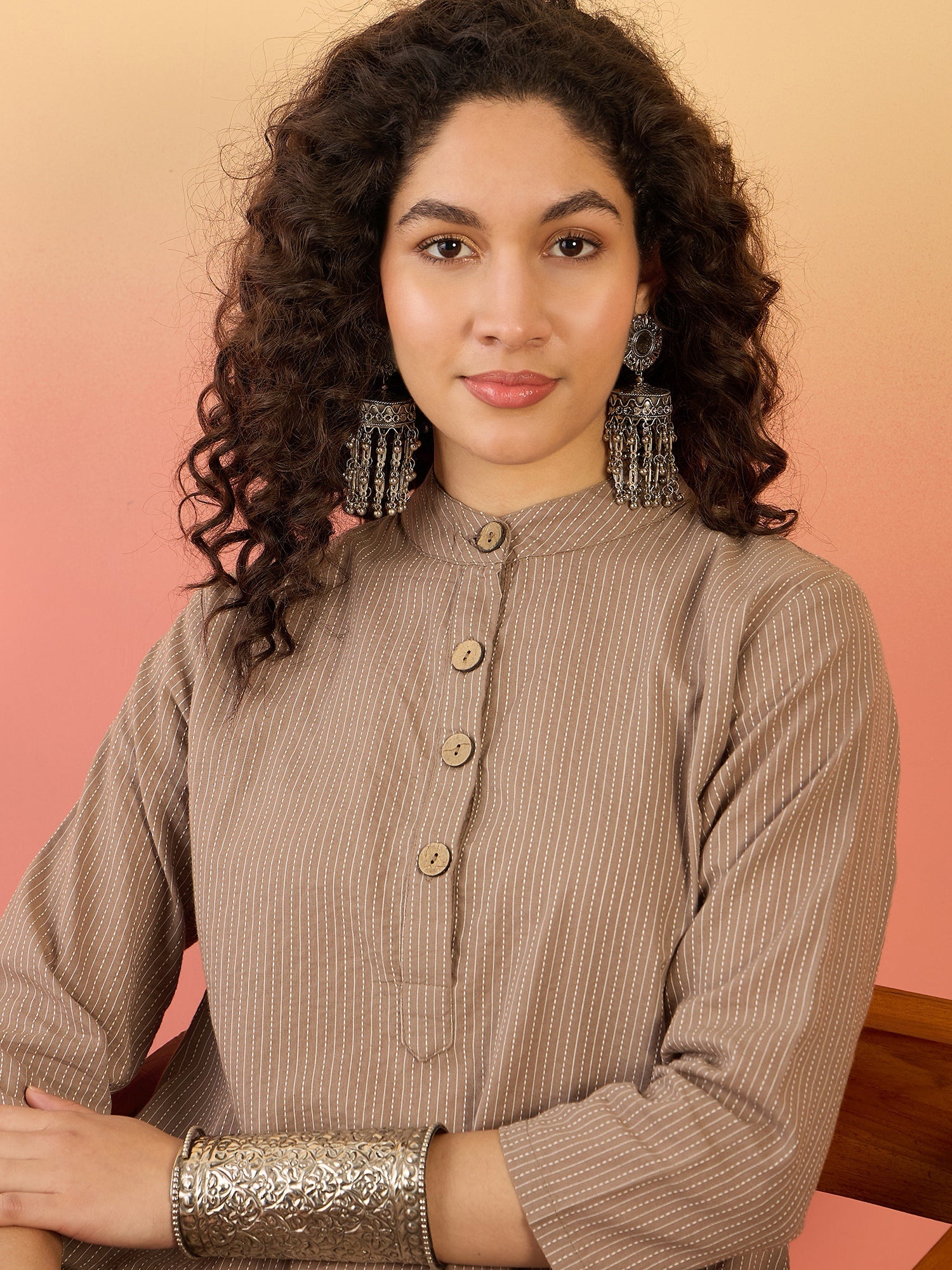 InWeave Light Brown Kantha Mandarin Button Dress - Distacart