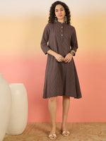 Thumbnail for InWeave Dark Brown Kantha Mandarin Button Dress