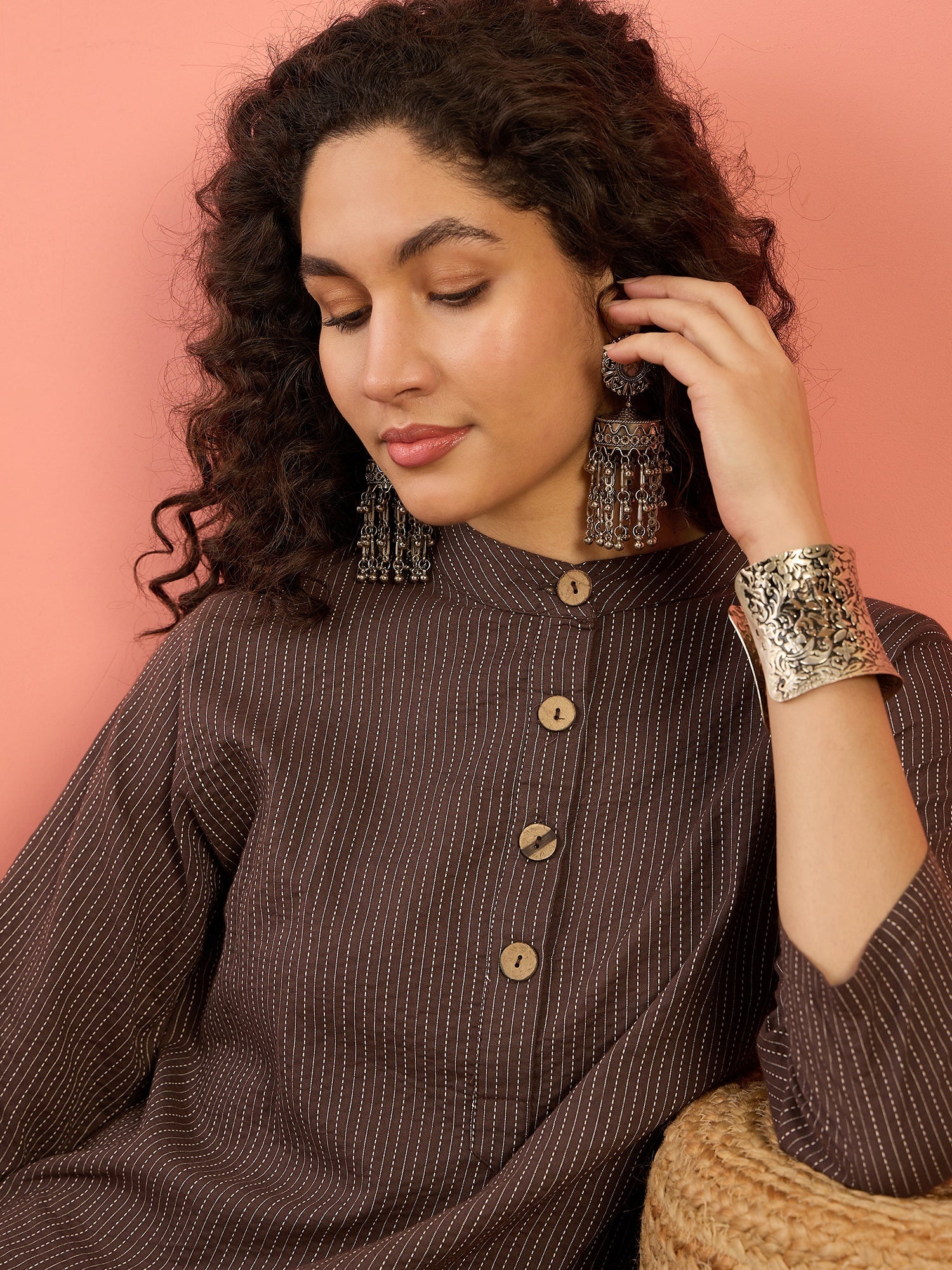 InWeave Dark Brown Kantha Mandarin Button Dress - Distacart