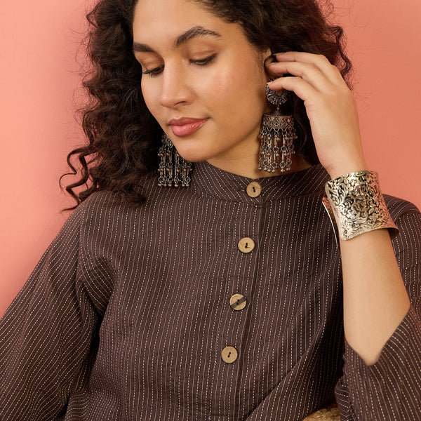 InWeave Dark Brown Kantha Mandarin Button Dress - Distacart