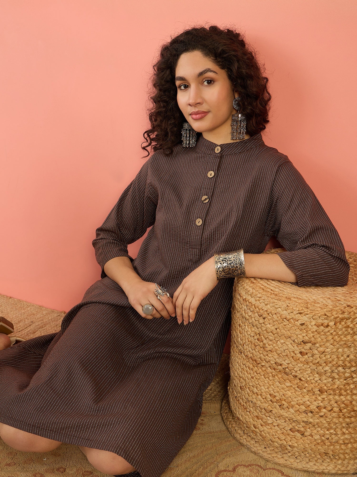 InWeave Dark Brown Kantha Mandarin Button Dress - Distacart