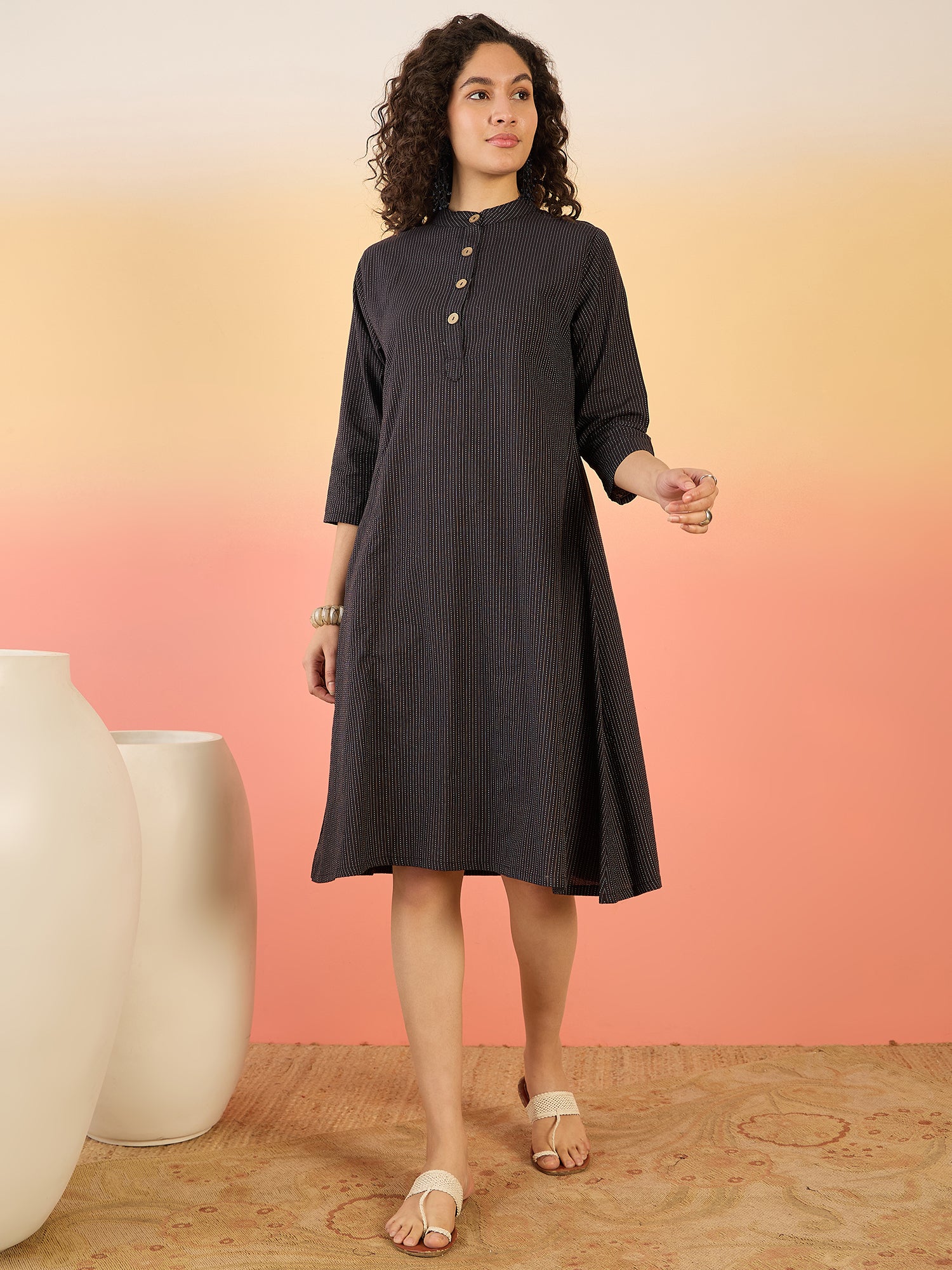 InWeave Black Kantha Mandarin Button Dress - Distacart