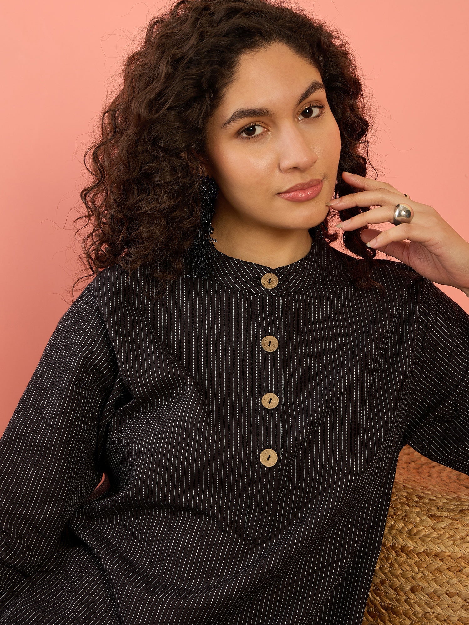 InWeave Black Kantha Mandarin Button Dress - Distacart