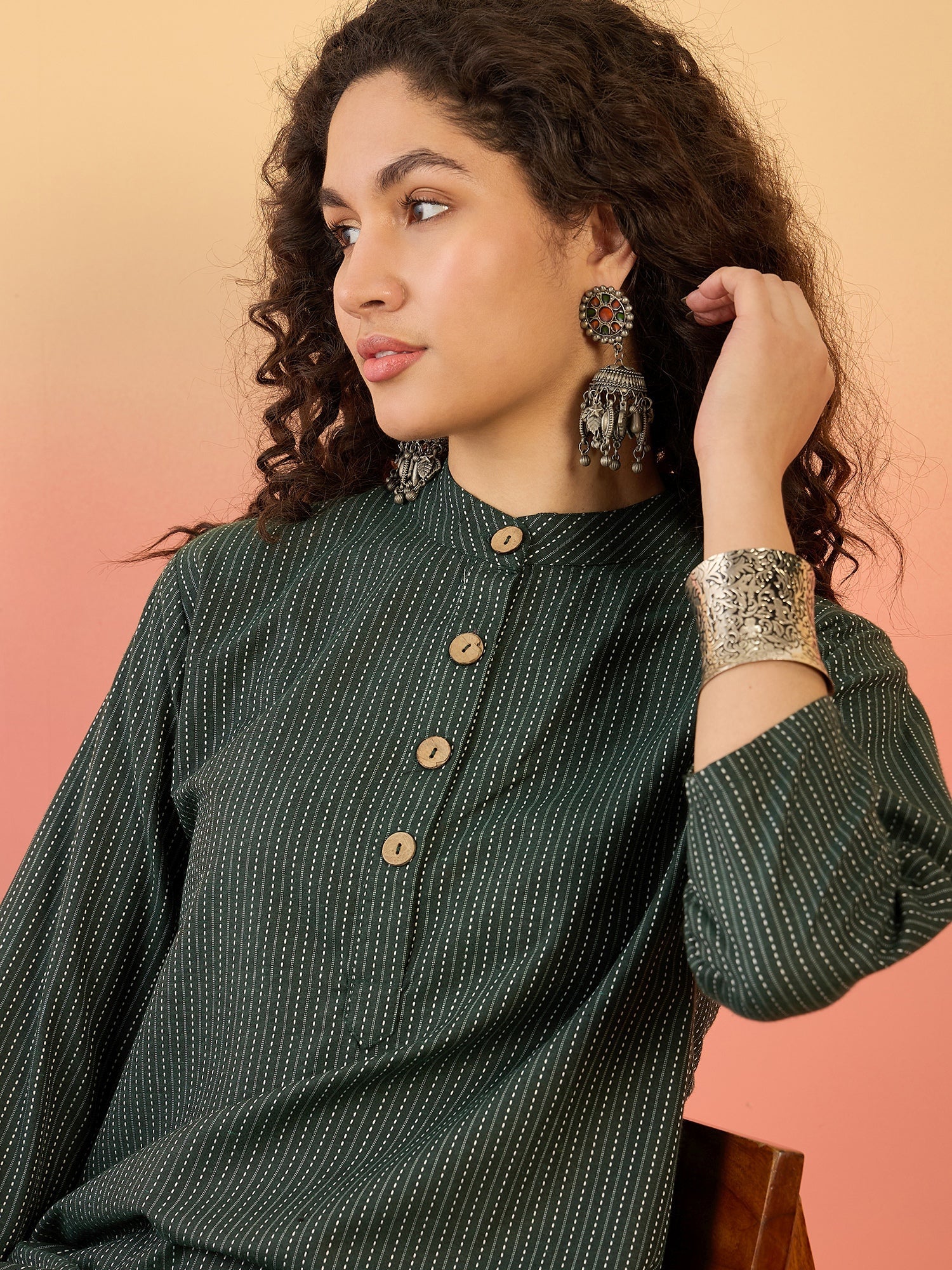 InWeave Dark Green Kantha Mandarin Button Dress - Distacart