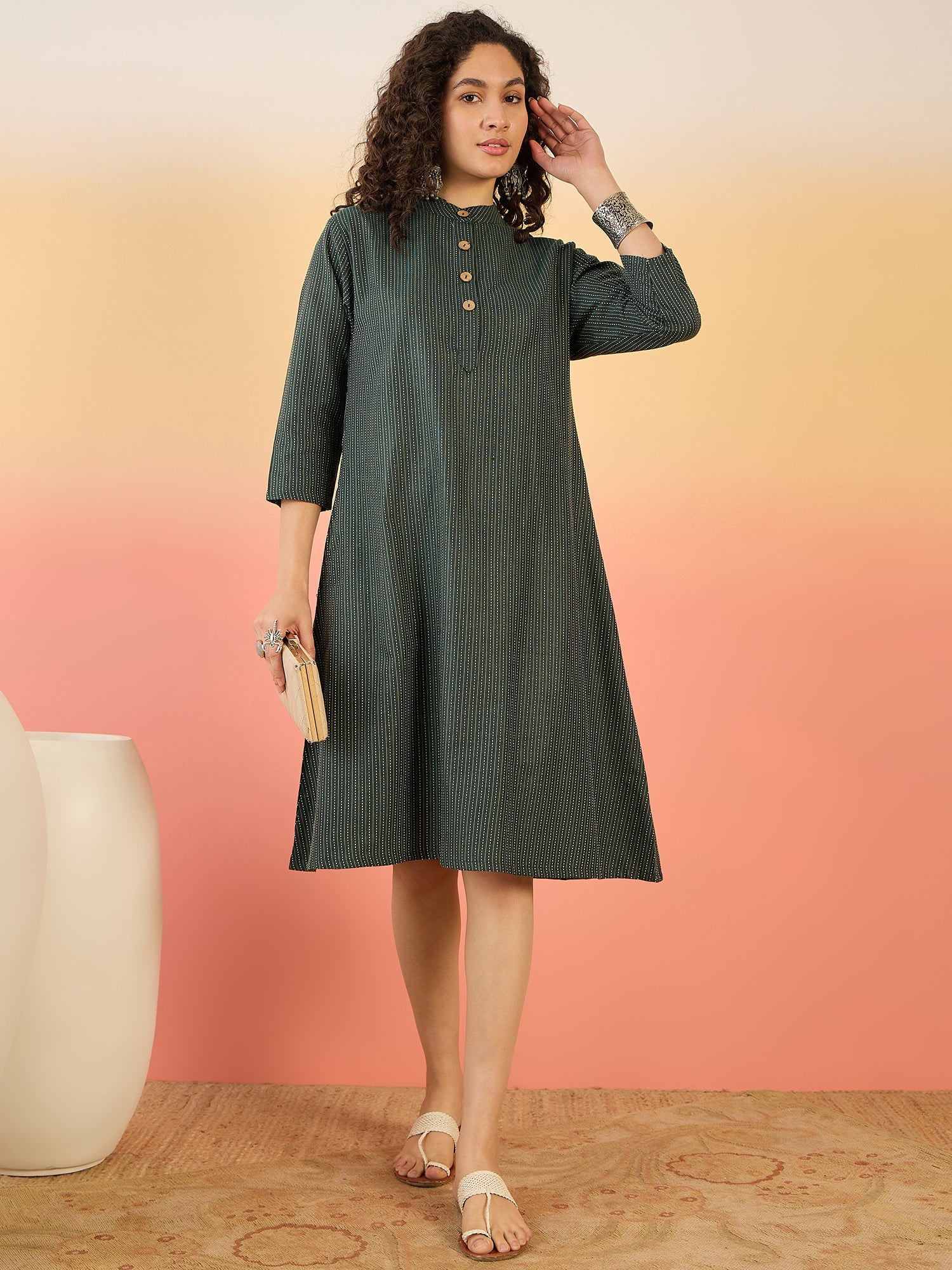 InWeave Dark Green Kantha Mandarin Button Dress - Distacart
