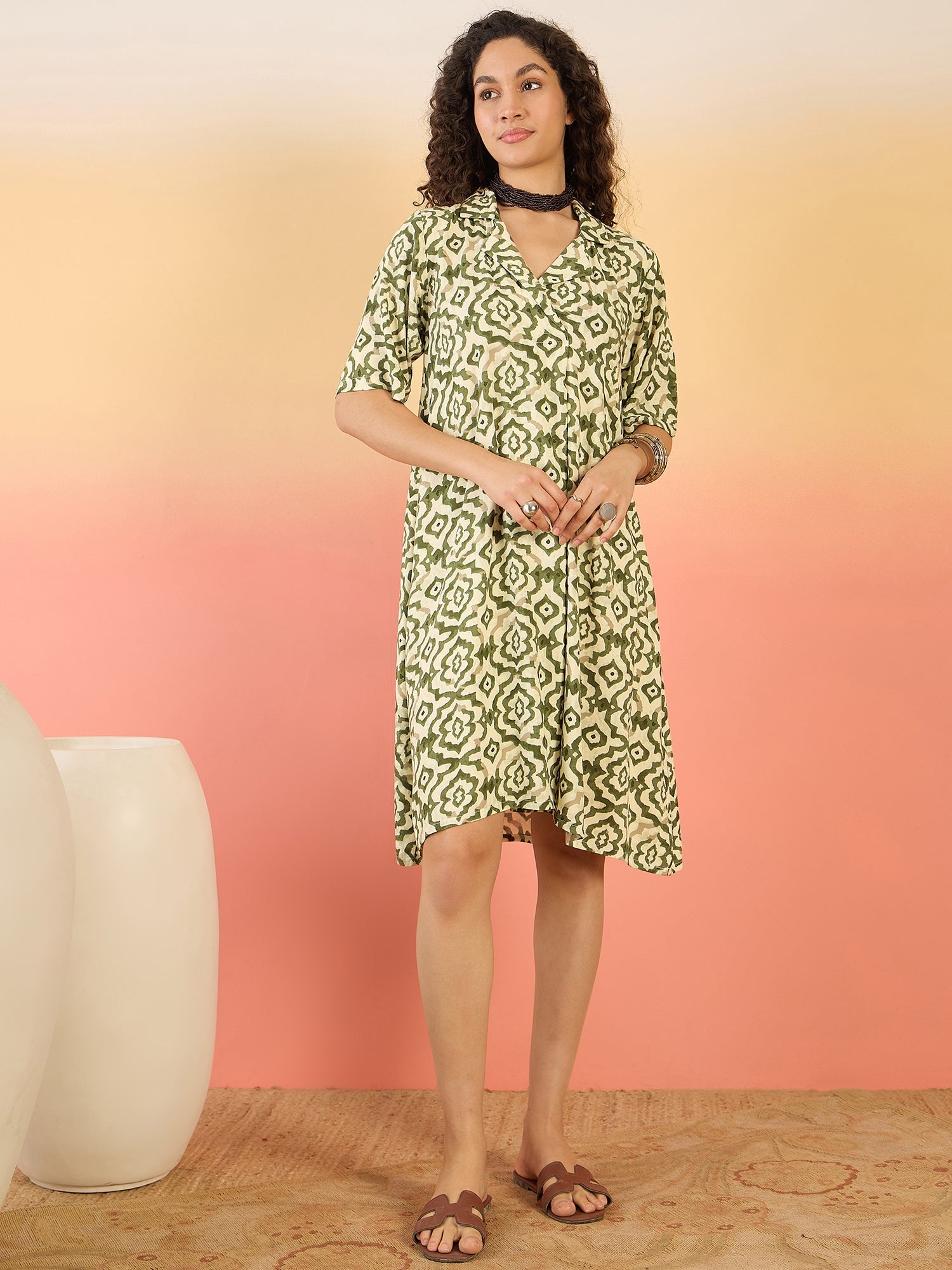 InWeave Mehandi Green Moroccan Collar Dress - Distacart