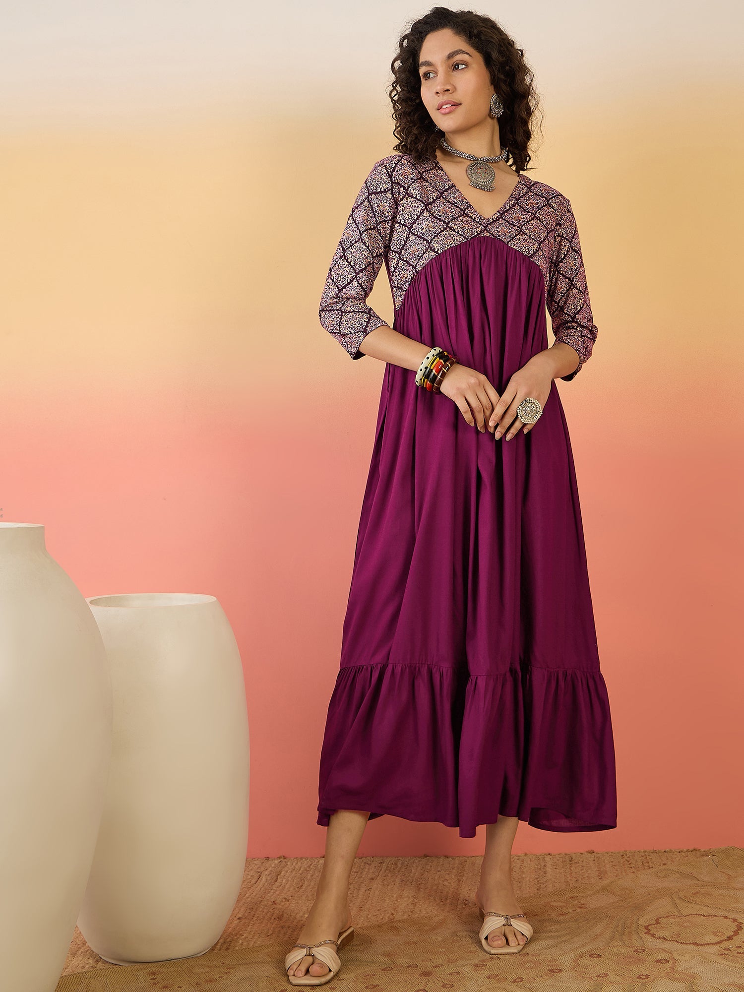 InWeave Wine Ogee Foil V Neck Teared Dress - Distacart