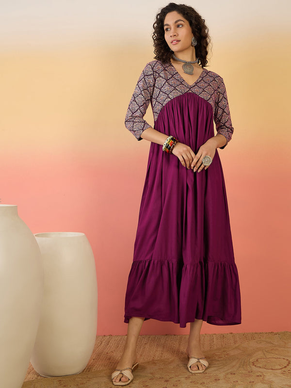 InWeave Wine Ogee Foil V Neck Teared Dress