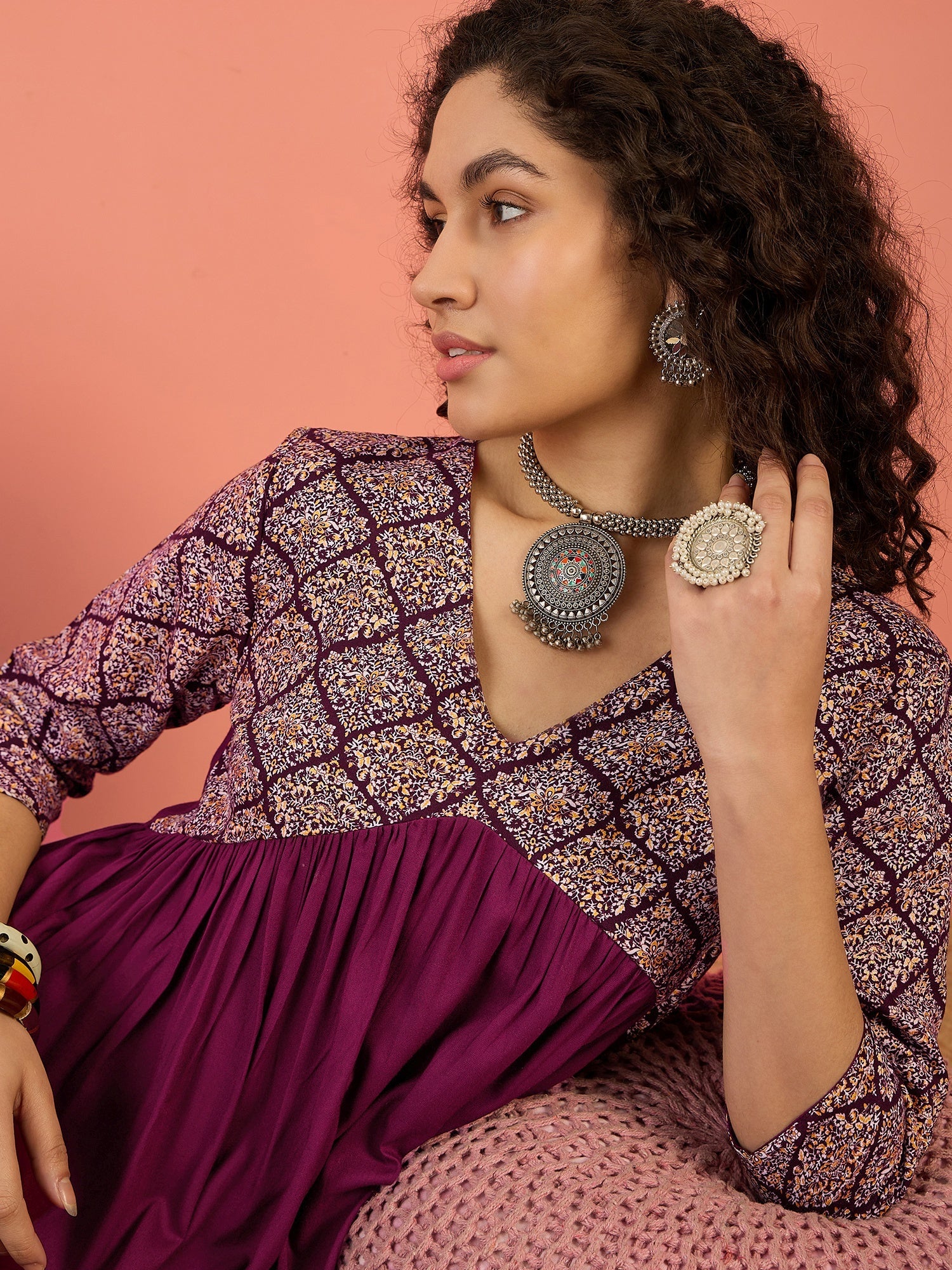 InWeave Wine Ogee Foil V Neck Teared Dress - Distacart