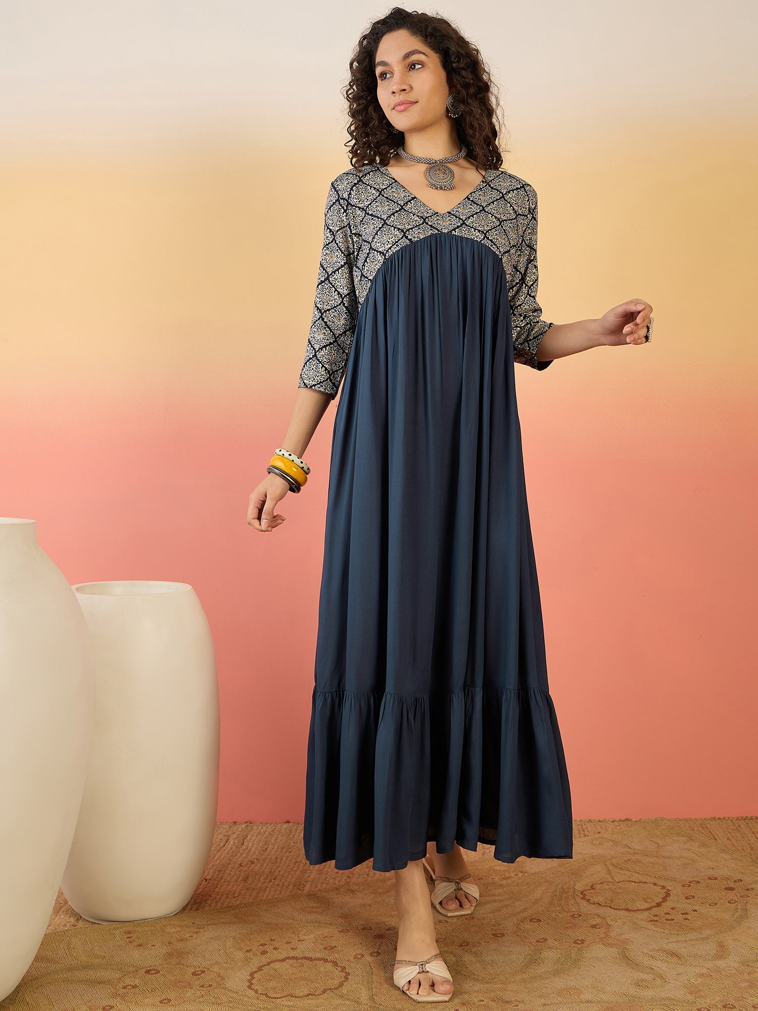 InWeave Navy Ogee Foil V Neck Teared Dress - Distacart