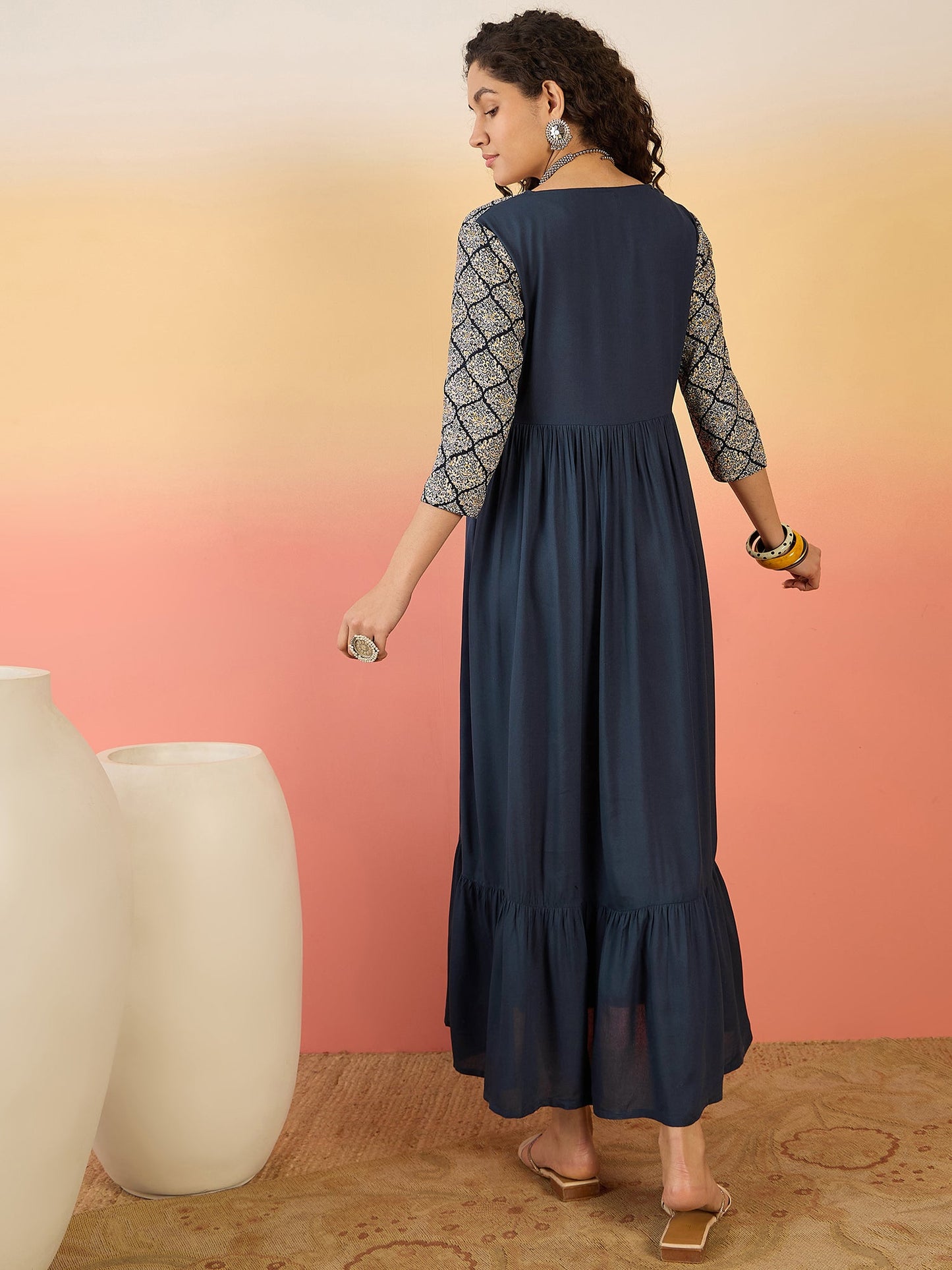 InWeave Navy Ogee Foil V Neck Teared Dress - Distacart