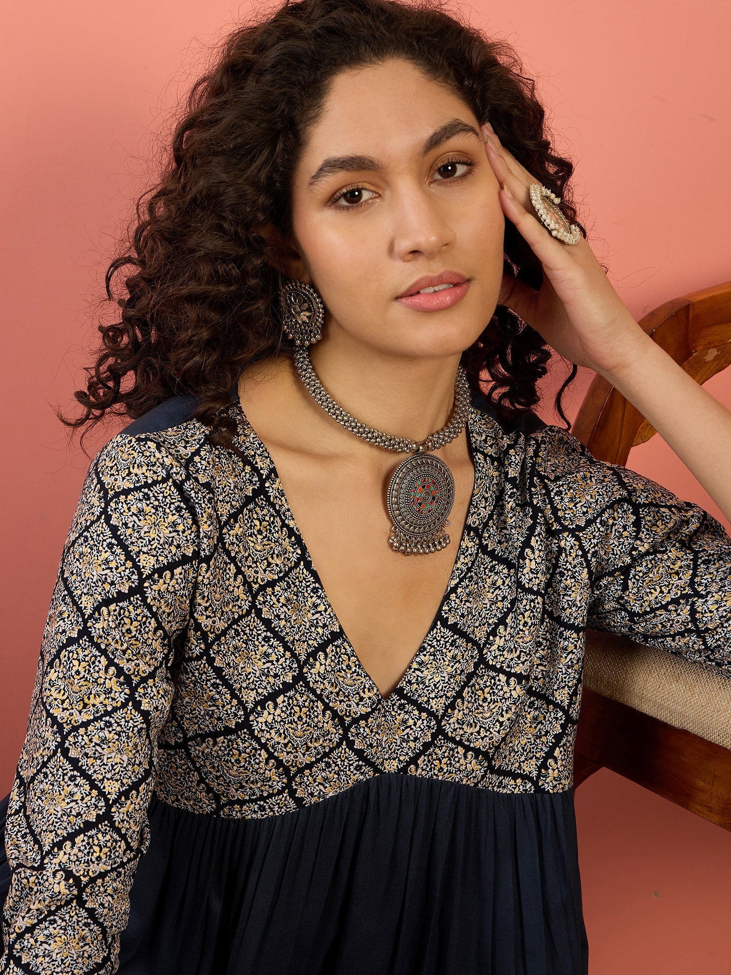 InWeave Navy Ogee Foil V Neck Teared Dress - Distacart