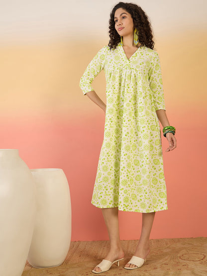 InWeave Green White Rubber Print Flared Dress - Distacart