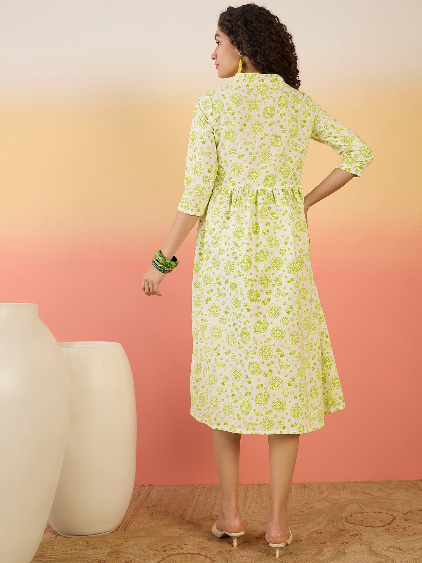 InWeave Green White Rubber Print Flared Dress - Distacart