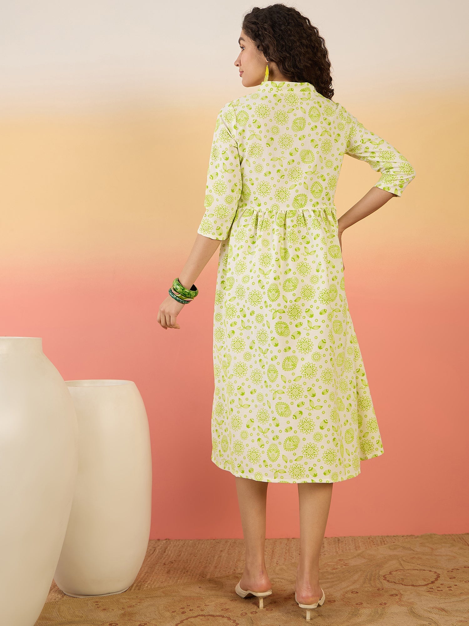 InWeave Green White Rubber Print Flared Dress - Distacart