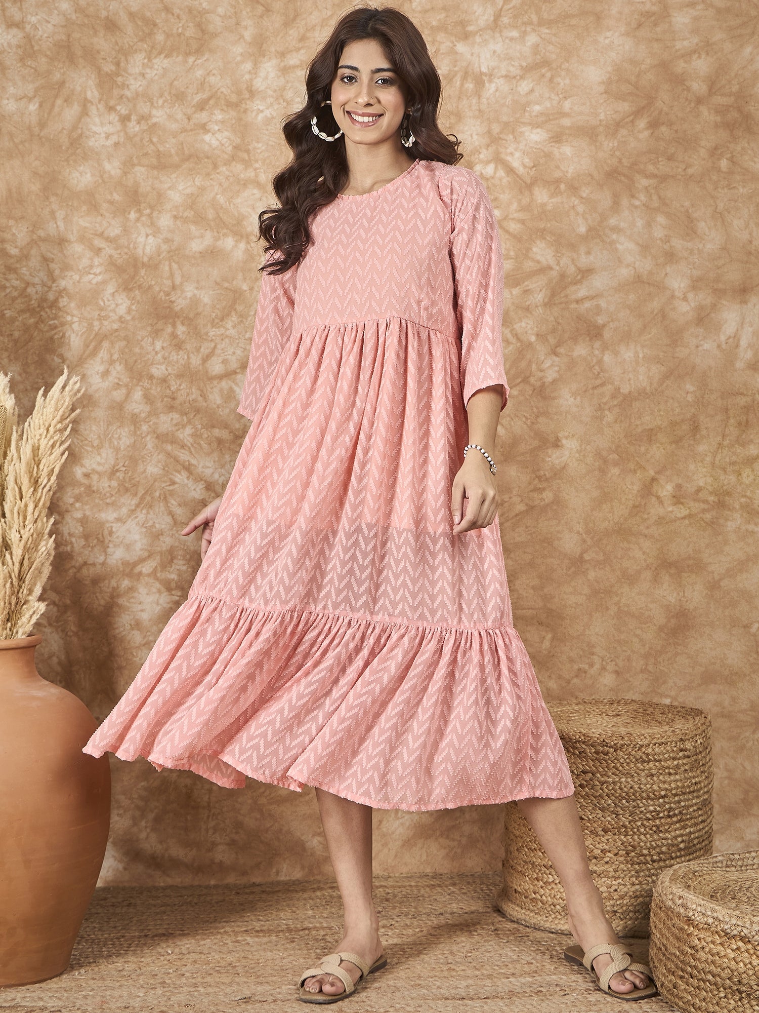 InWeave Peach Georgette R Neck Dress - Distacart