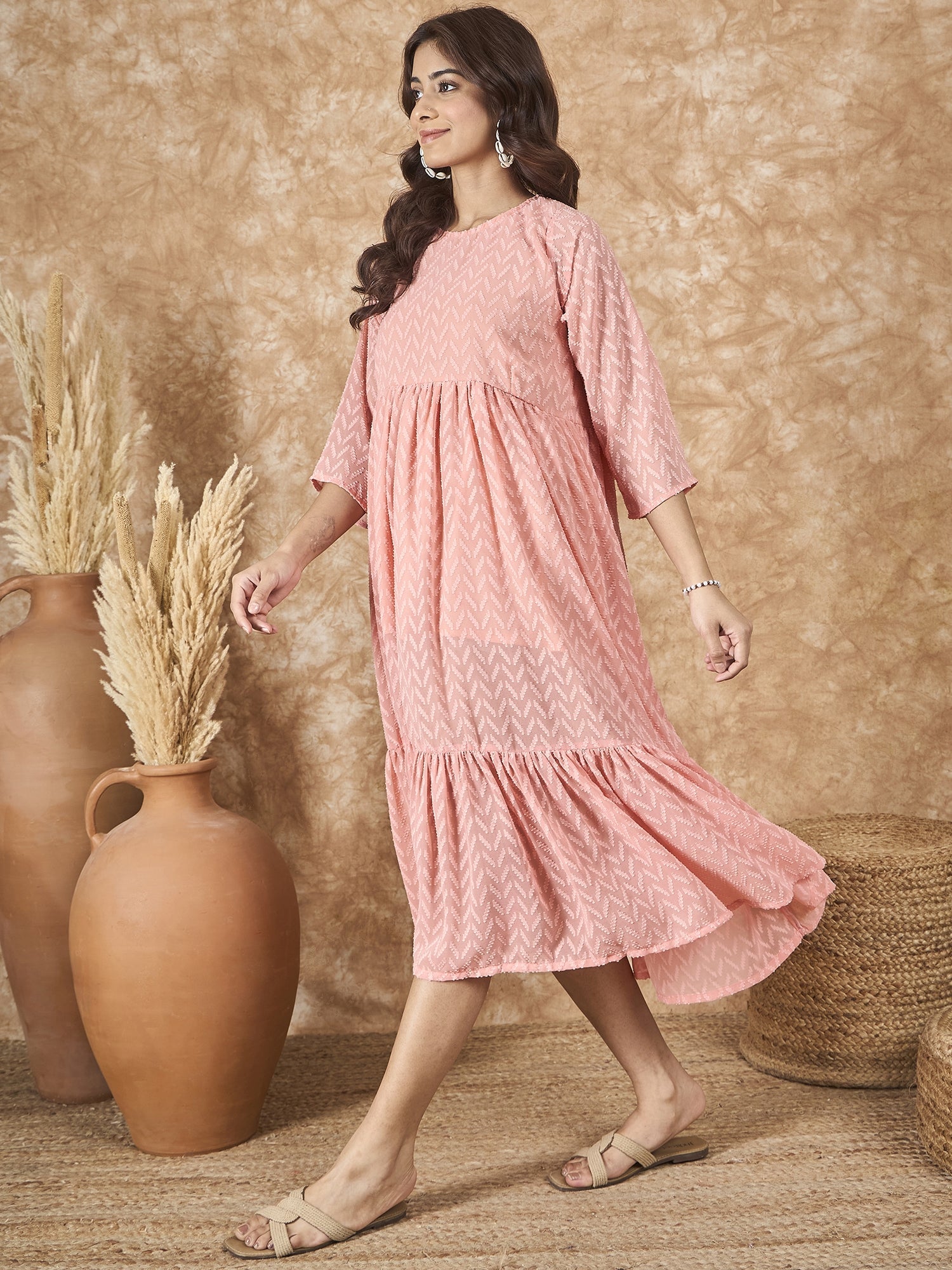 InWeave Peach Georgette R Neck Dress - Distacart