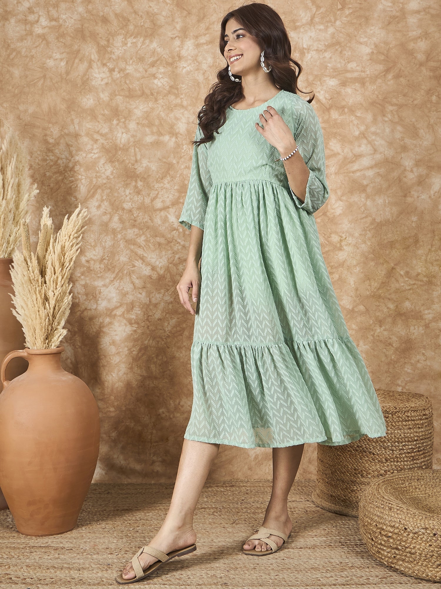 InWeave Mint Green Georgette R Neck Dress - Distacart