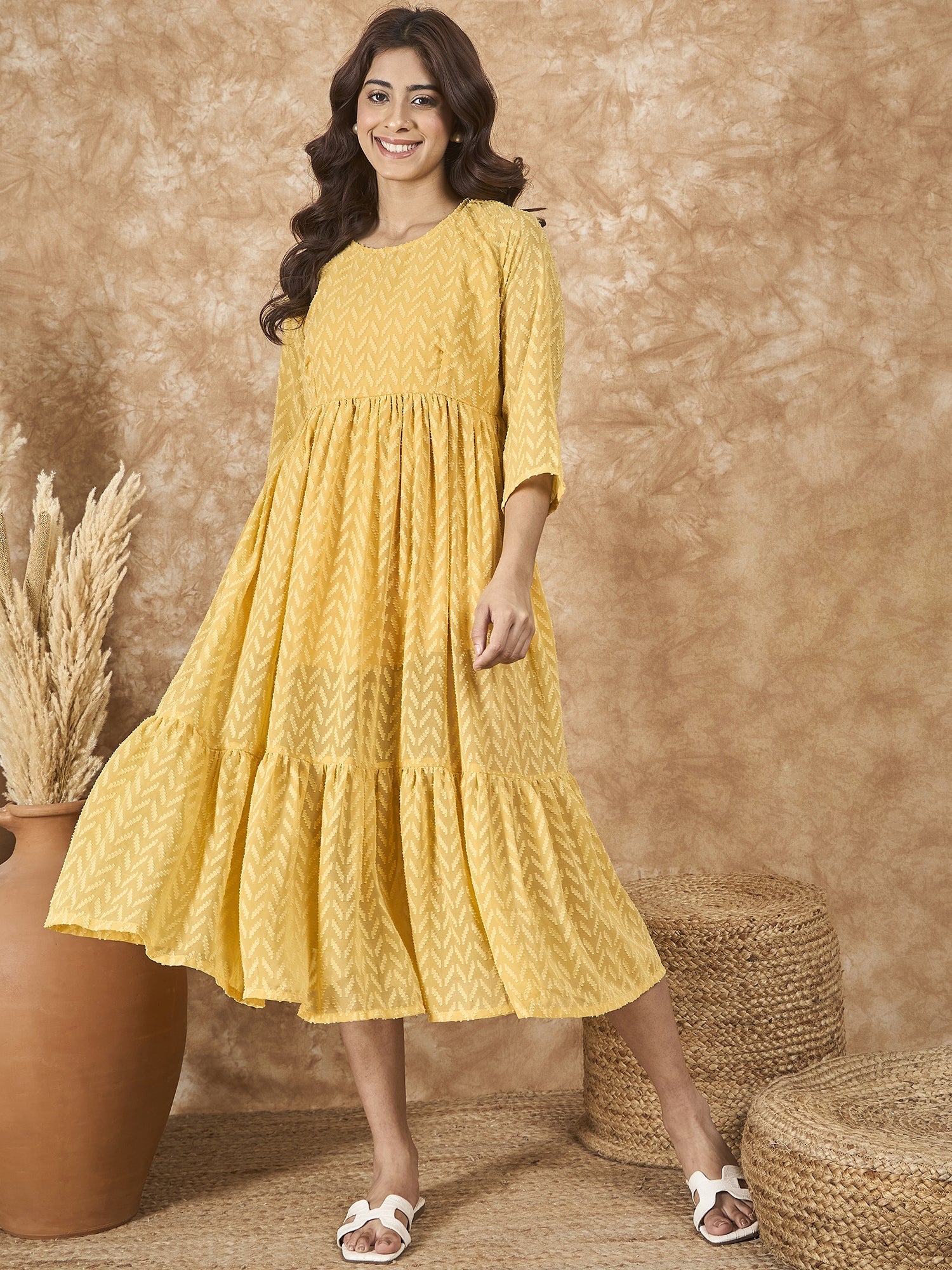 InWeave Yellow Georgette R Neck Dress - Distacart