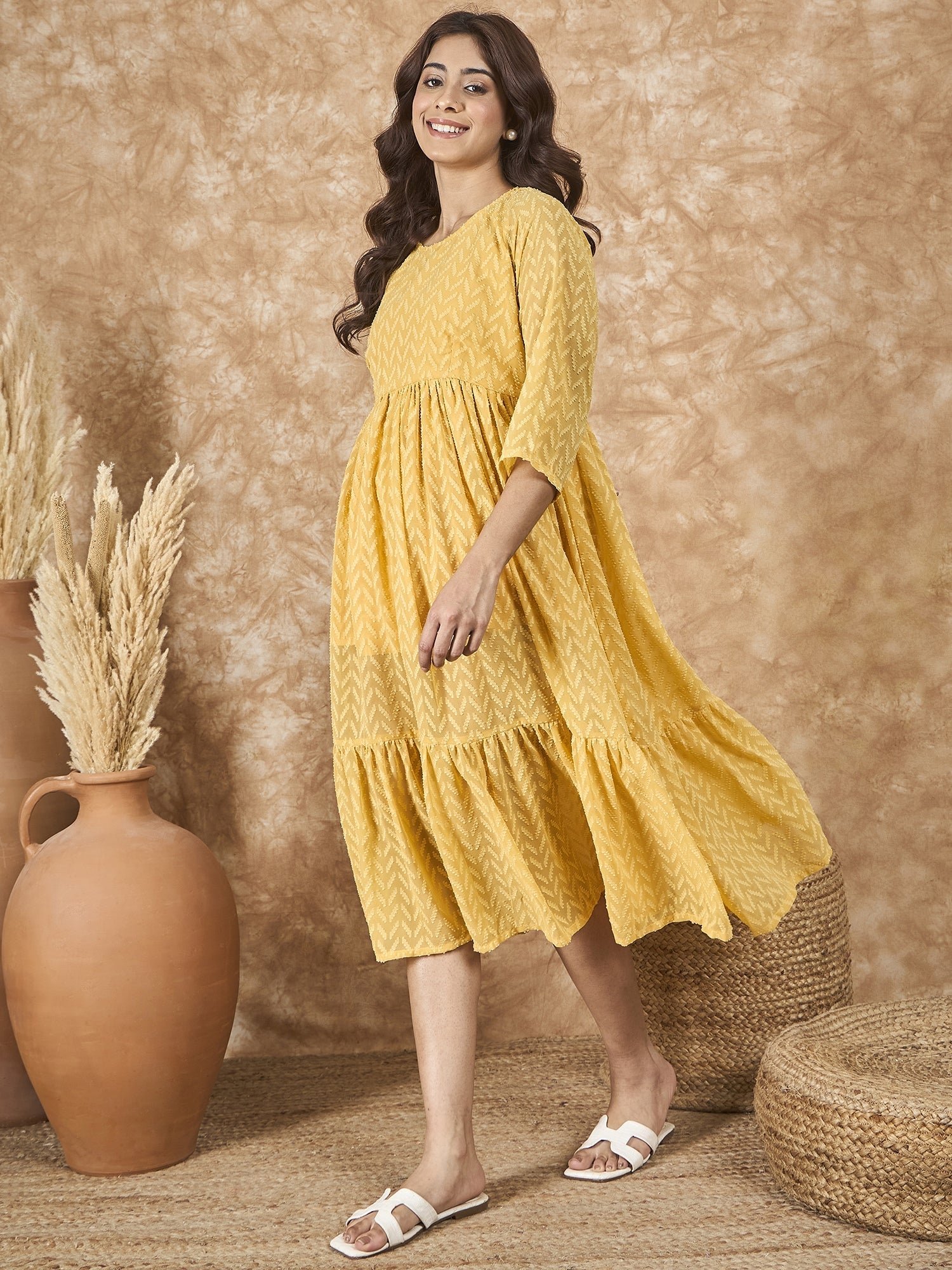 InWeave Yellow Georgette R Neck Dress - Distacart